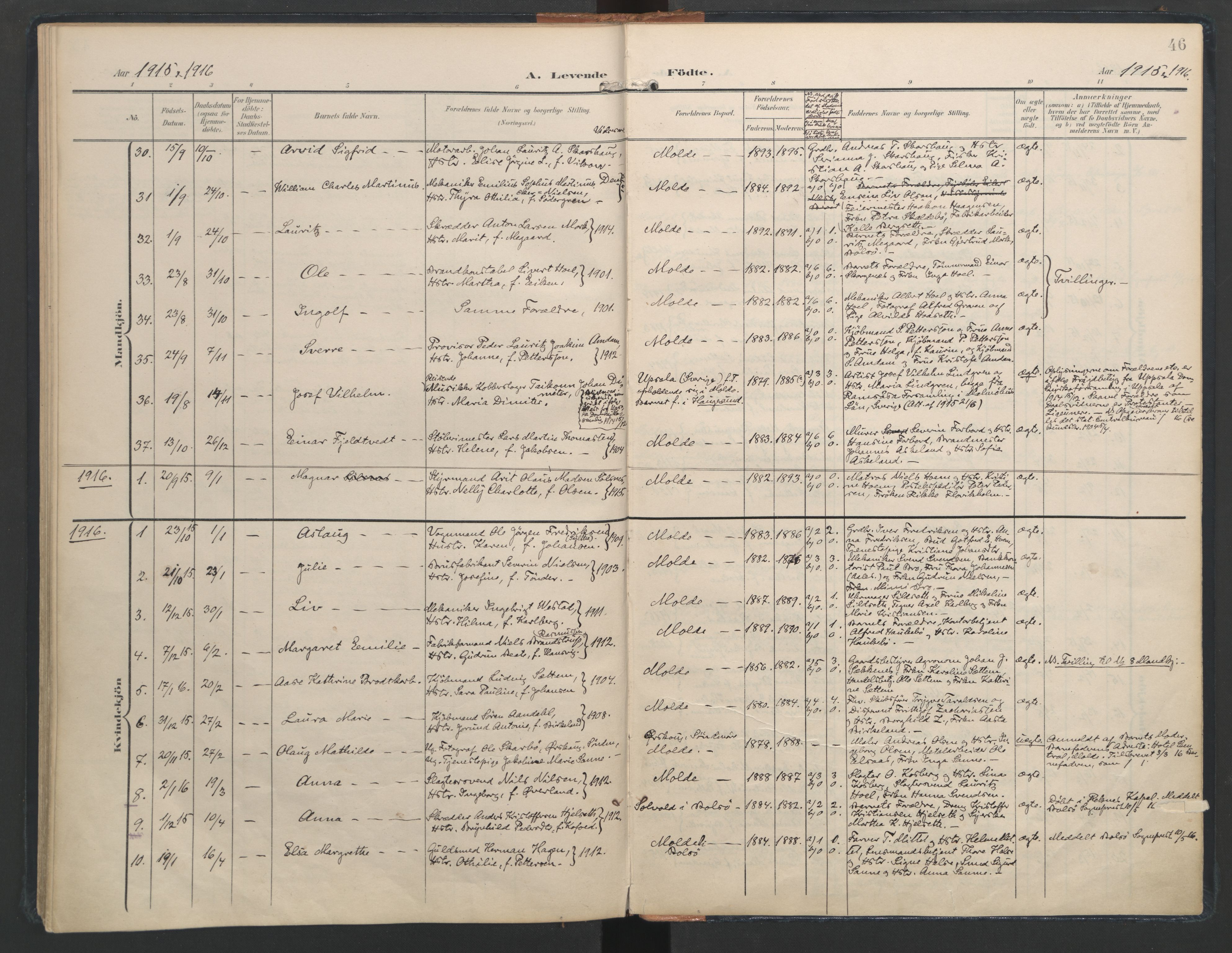 Ministerialprotokoller, klokkerbøker og fødselsregistre - Møre og Romsdal, SAT/A-1454/558/L0693: Parish register (official) no. 558A07, 1903-1917, p. 46