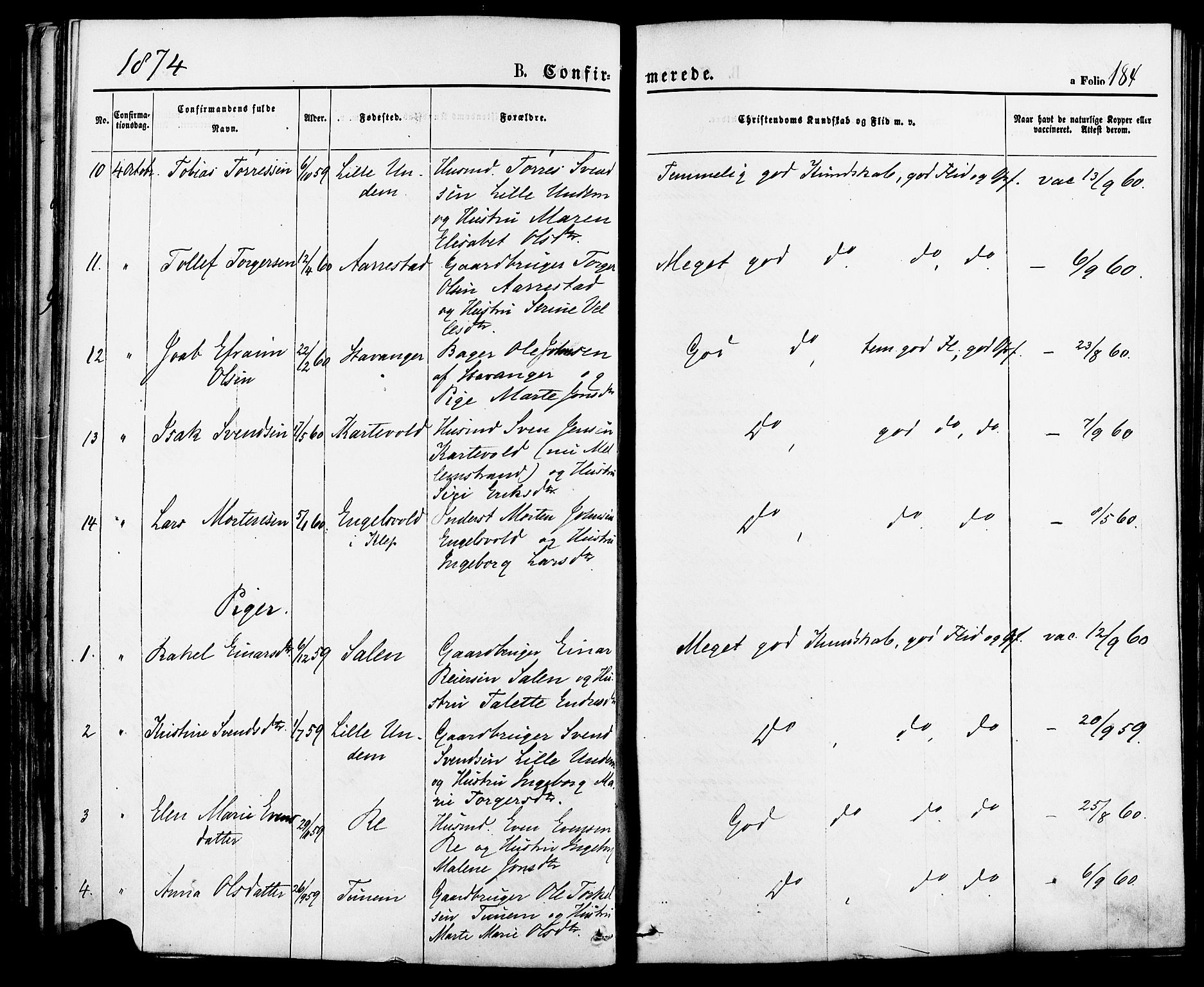 Lye sokneprestkontor, AV/SAST-A-101794/001/30BA/L0008: Parish register (official) no. A 7, 1872-1881, p. 184