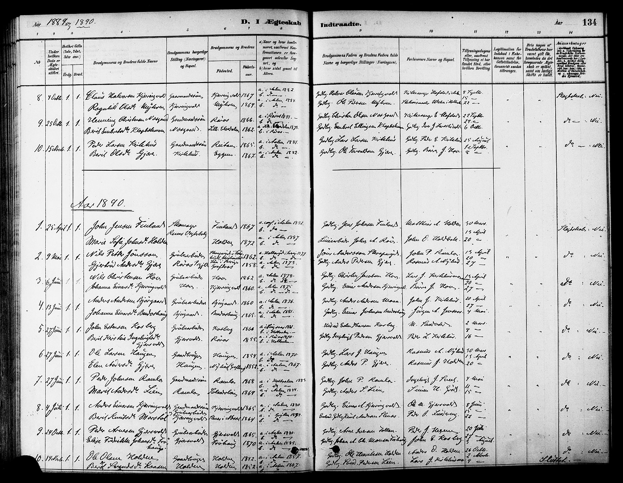 Ministerialprotokoller, klokkerbøker og fødselsregistre - Sør-Trøndelag, SAT/A-1456/686/L0983: Parish register (official) no. 686A01, 1879-1890, p. 134