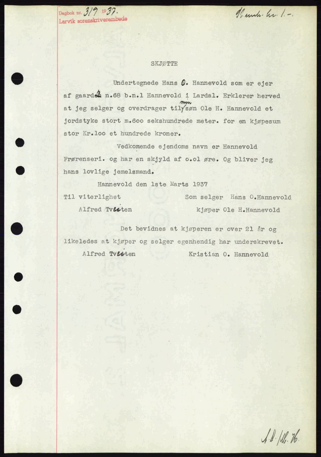 Larvik sorenskriveri, SAKO/A-83/G/Ga/Gab/L0067: Mortgage book no. A-1, 1936-1937, Diary no: : 319/1937