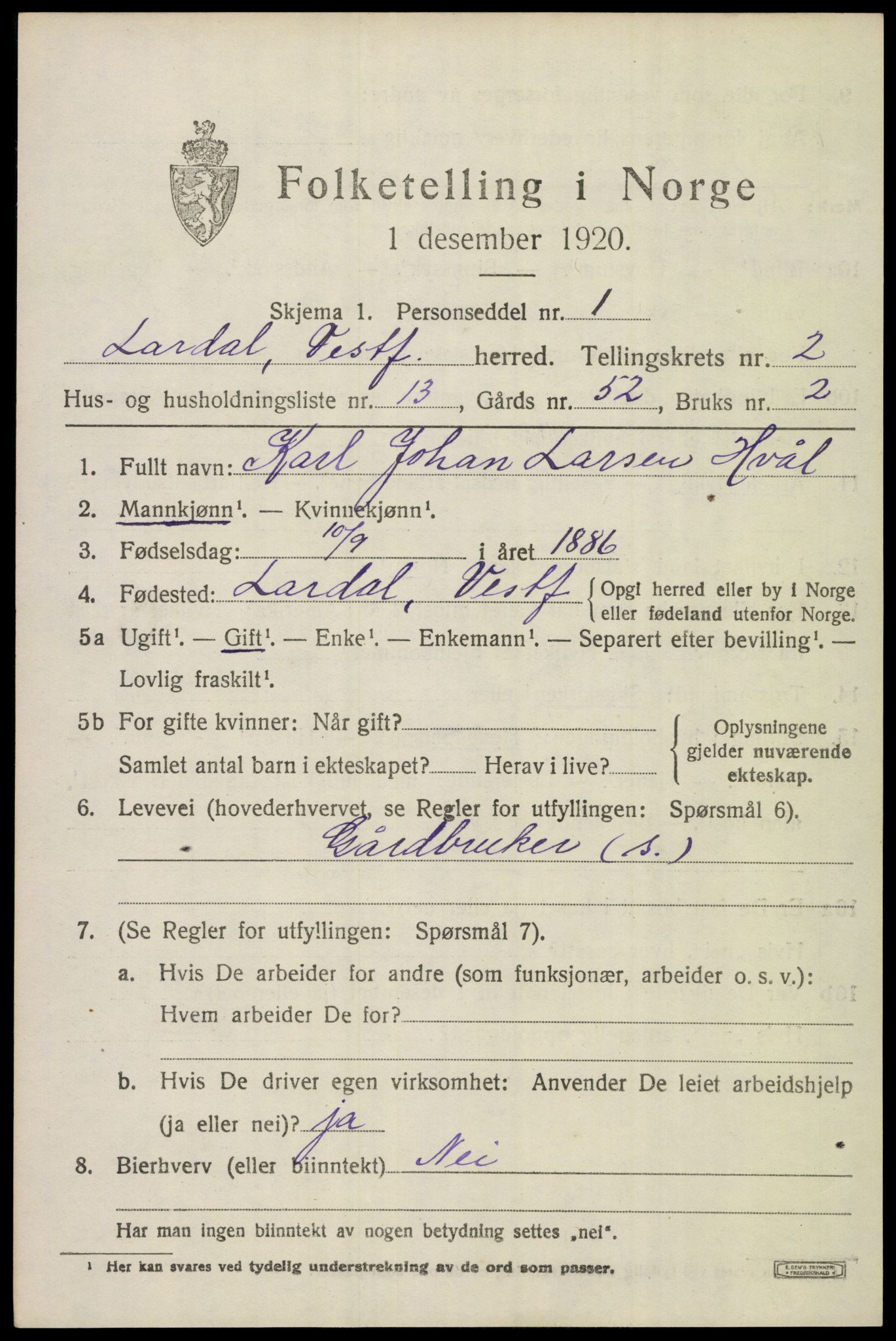 SAKO, 1920 census for Lardal, 1920, p. 2121