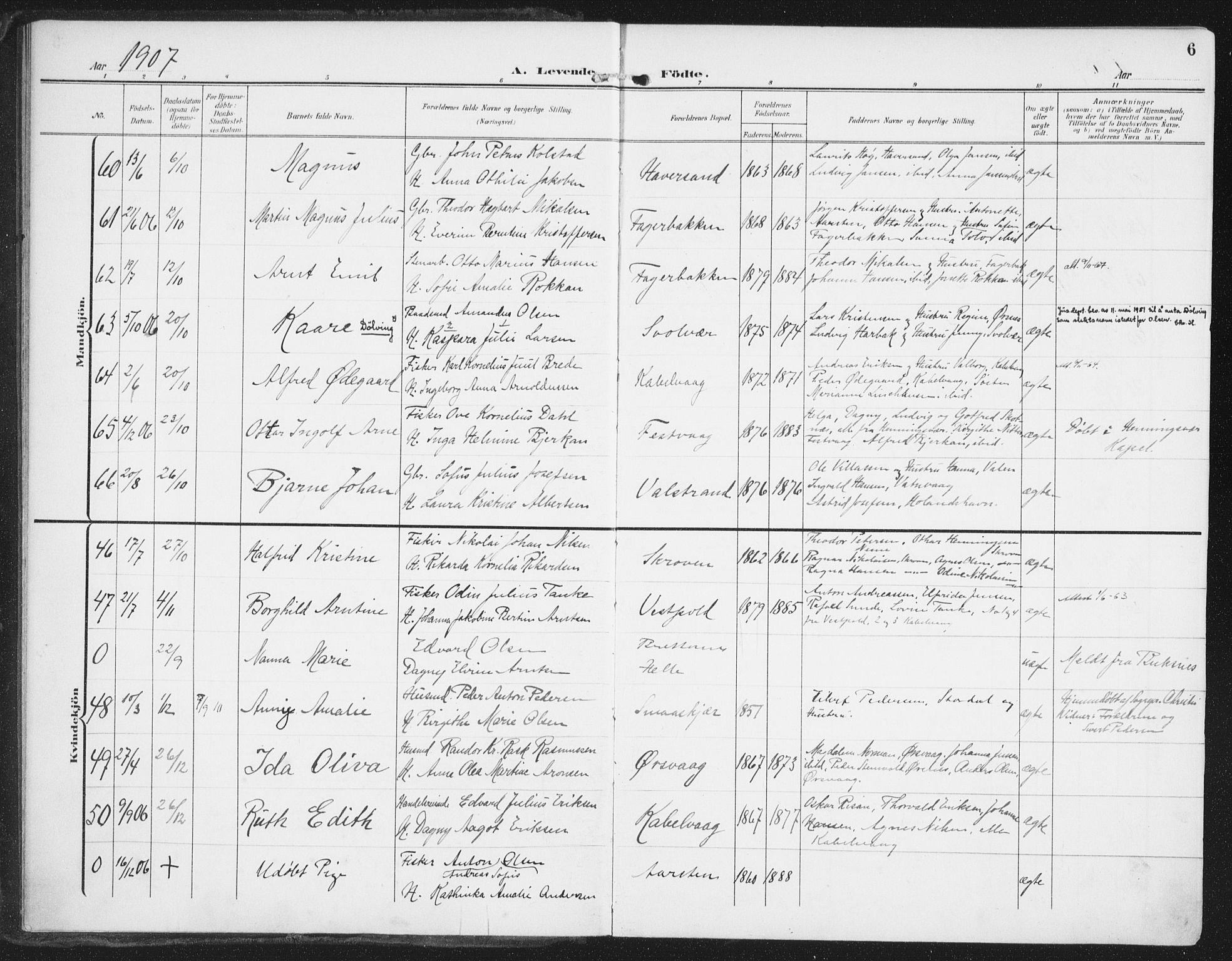 Ministerialprotokoller, klokkerbøker og fødselsregistre - Nordland, SAT/A-1459/874/L1063: Parish register (official) no. 874A07, 1907-1915, p. 6