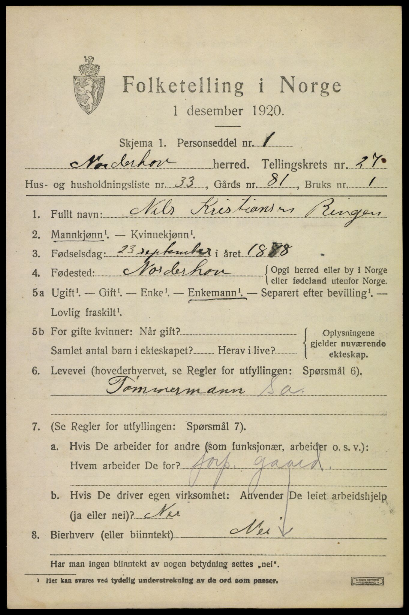 SAKO, 1920 census for Norderhov, 1920, p. 24824