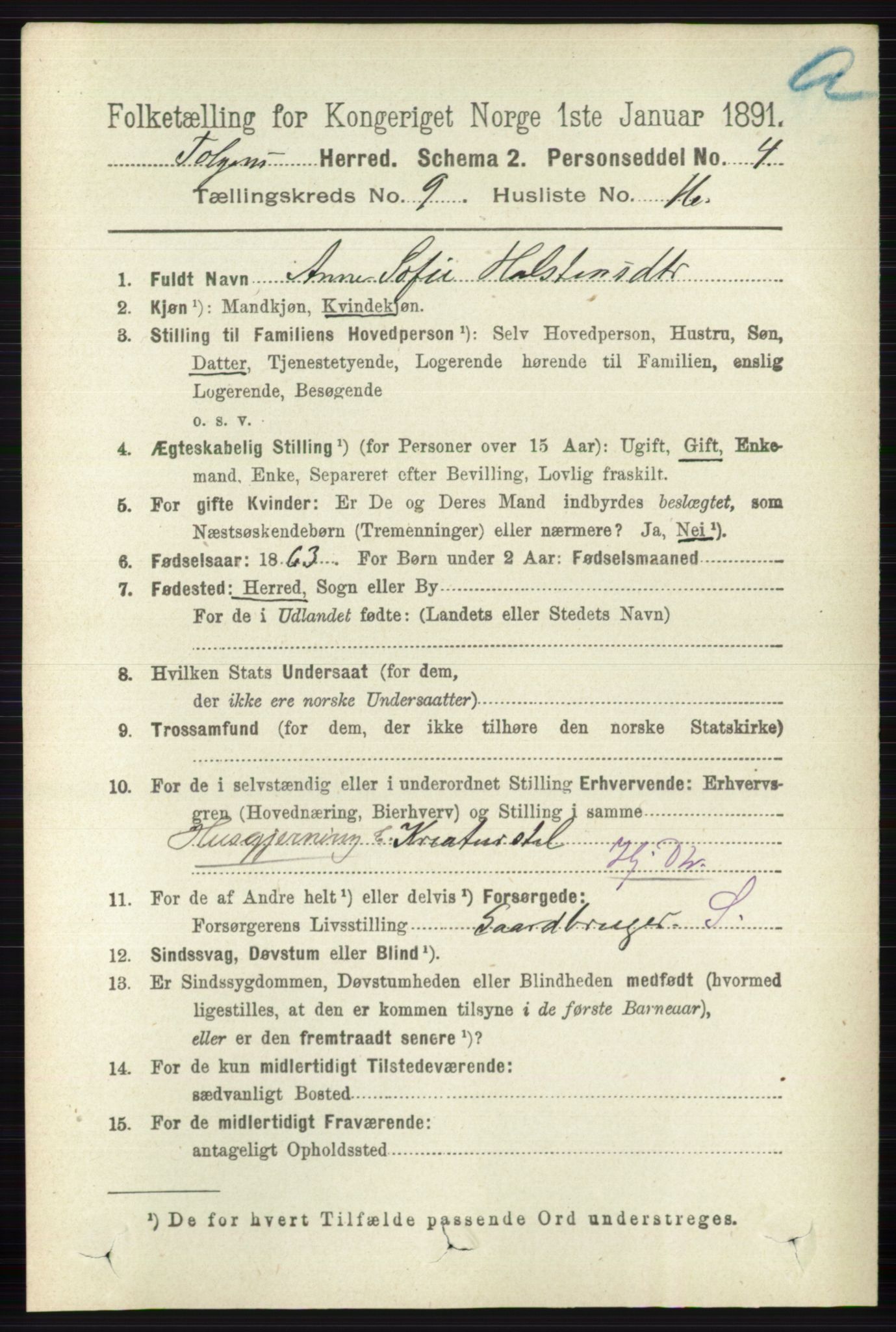 RA, 1891 census for 0436 Tolga, 1891, p. 2612