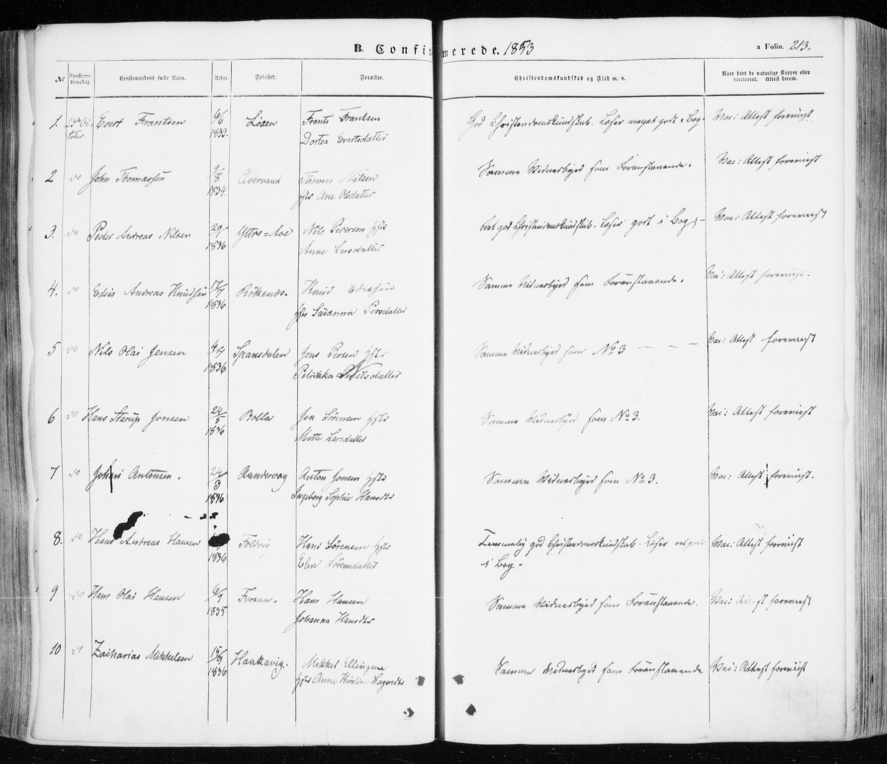 Ibestad sokneprestembete, SATØ/S-0077/H/Ha/Haa/L0008kirke: Parish register (official) no. 8, 1850-1859, p. 213