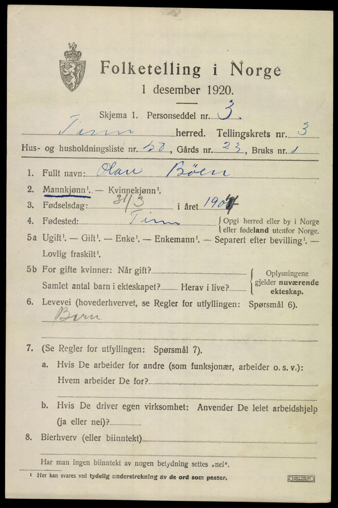 SAKO, 1920 census for Tinn, 1920, p. 3804