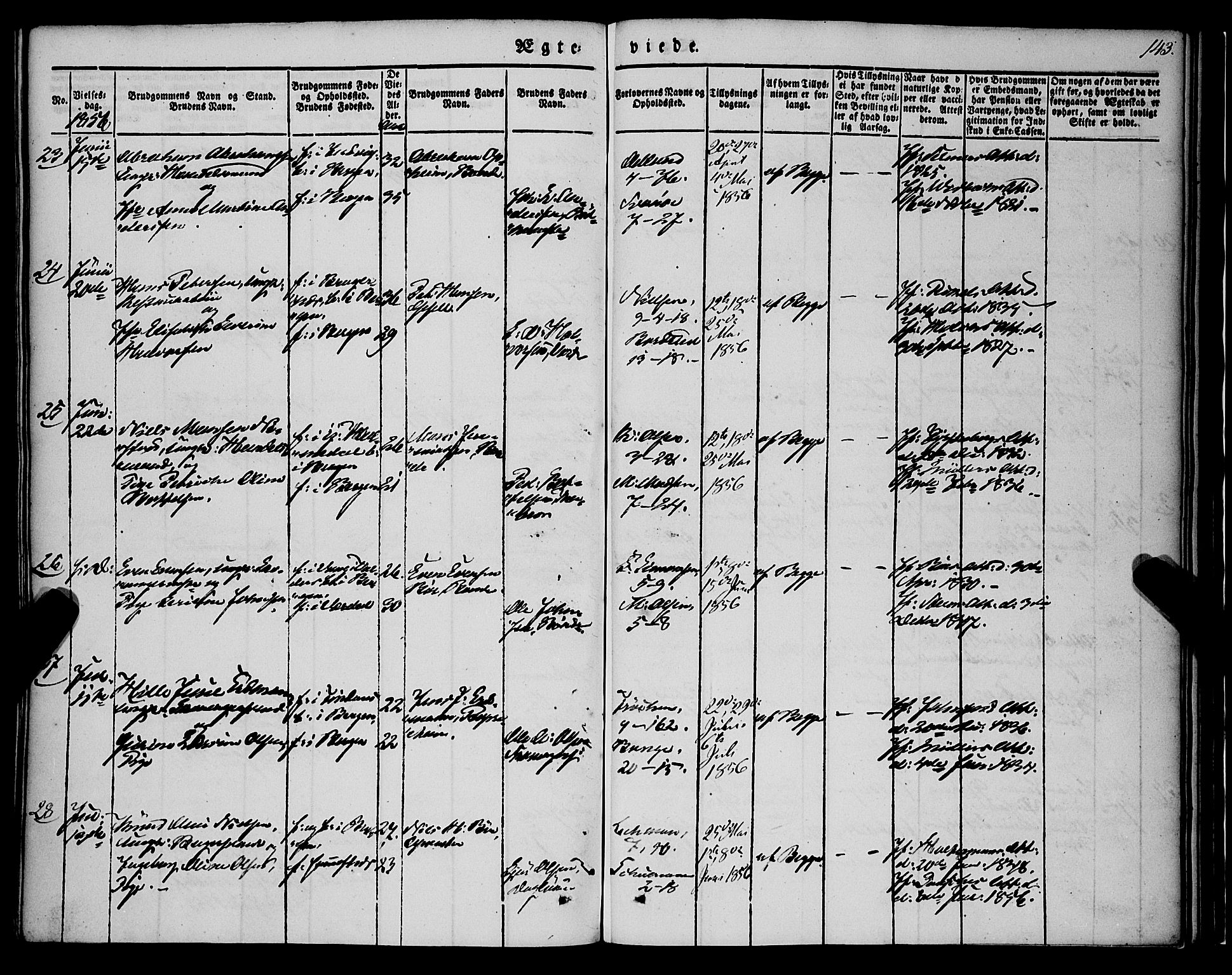 Nykirken Sokneprestembete, AV/SAB-A-77101/H/Haa/L0031: Parish register (official) no. D 1, 1834-1861, p. 143