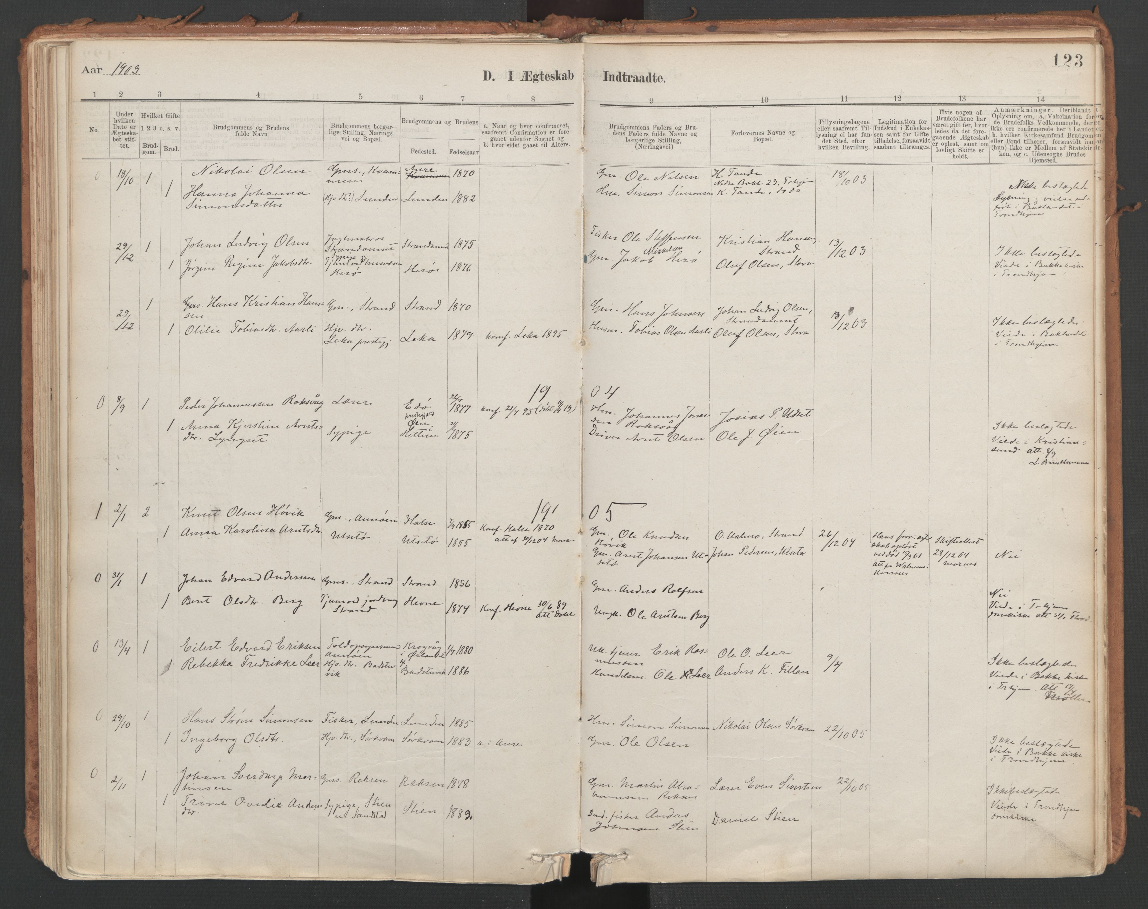 Ministerialprotokoller, klokkerbøker og fødselsregistre - Sør-Trøndelag, SAT/A-1456/639/L0572: Parish register (official) no. 639A01, 1890-1920, p. 123