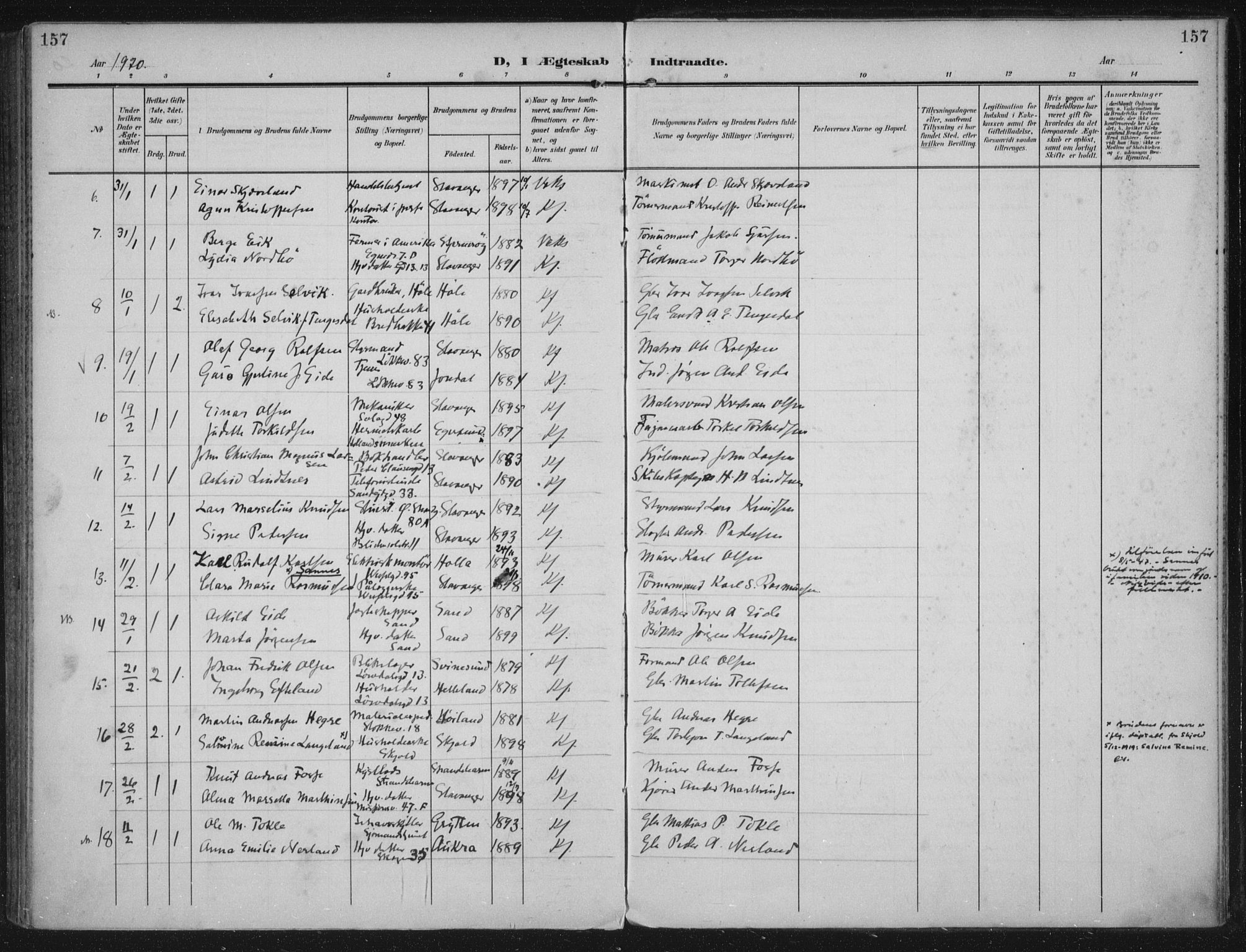 Domkirken sokneprestkontor, AV/SAST-A-101812/002/A/L0016: Parish register (official) no. A 33, 1905-1922, p. 157