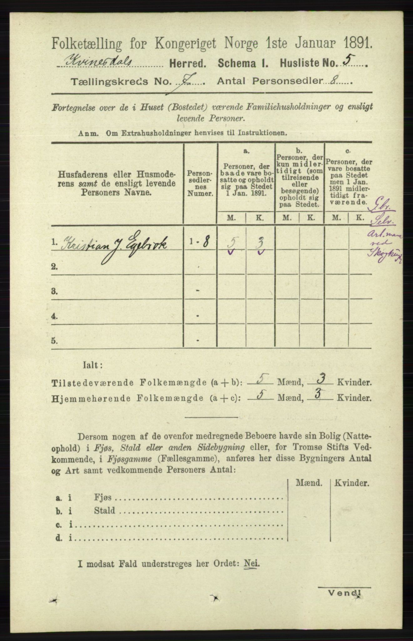 RA, 1891 census for 1037 Kvinesdal, 1891, p. 2380