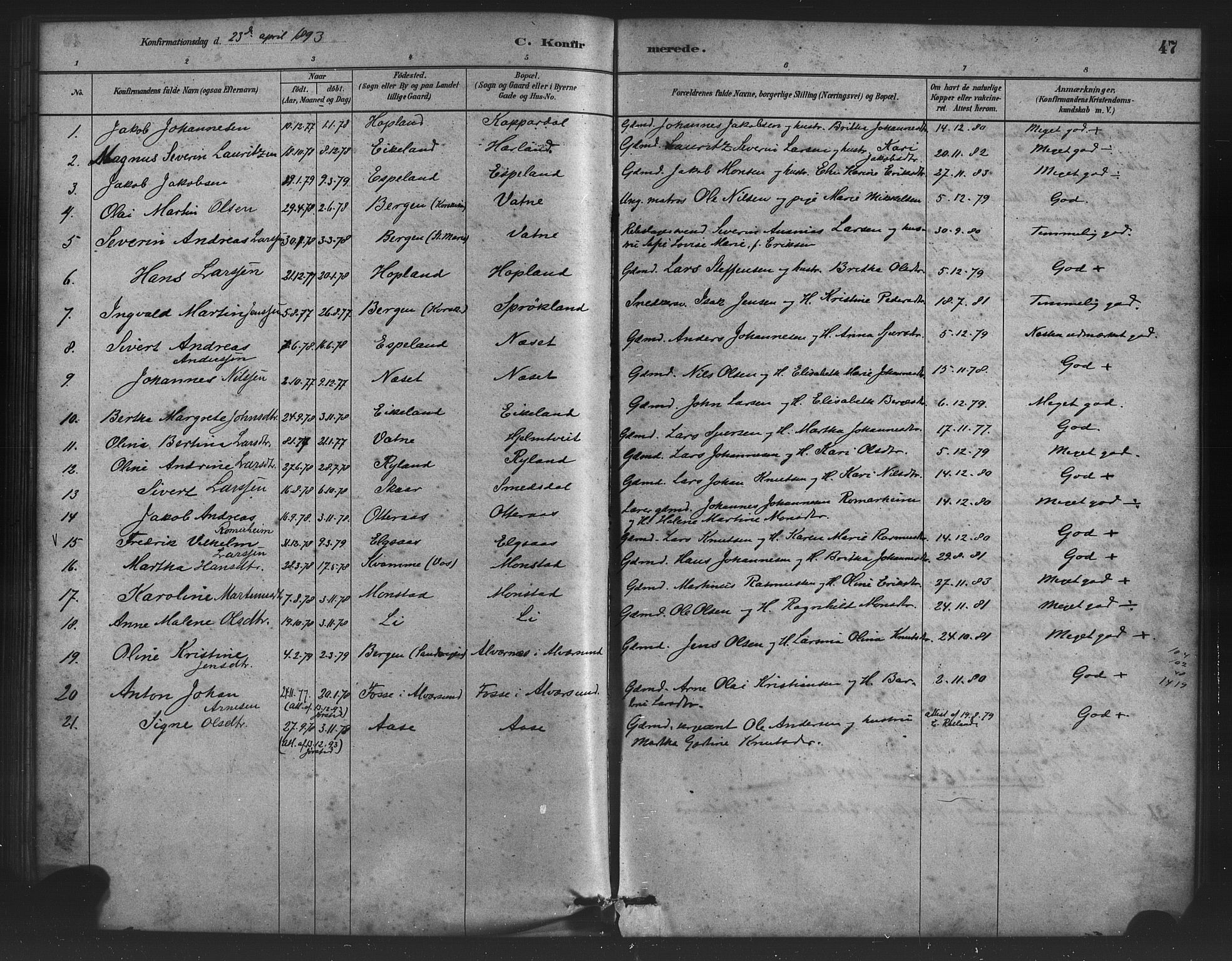 Alversund Sokneprestembete, AV/SAB-A-73901/H/Ha/Haa/Haad/L0001: Parish register (official) no. D 1, 1880-1898, p. 47