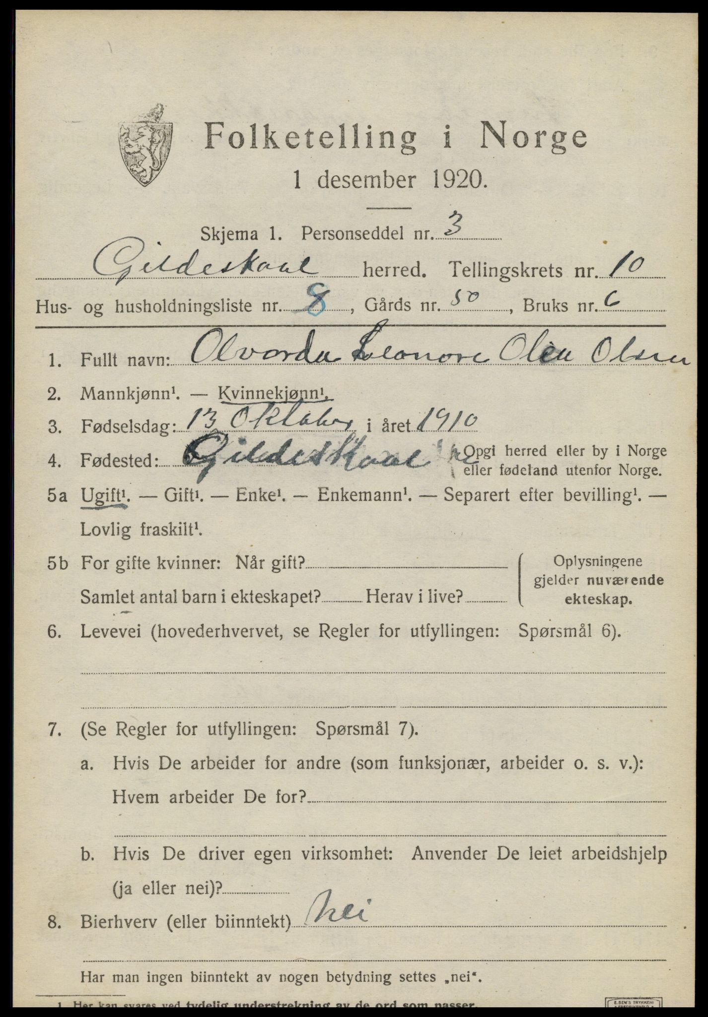 SAT, 1920 census for Gildeskål, 1920, p. 6144