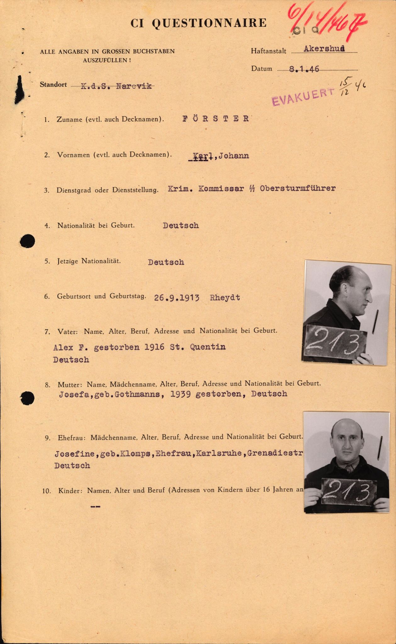 Forsvaret, Forsvarets overkommando II, AV/RA-RAFA-3915/D/Db/L0008: CI Questionaires. Tyske okkupasjonsstyrker i Norge. Tyskere., 1945-1946, p. 460