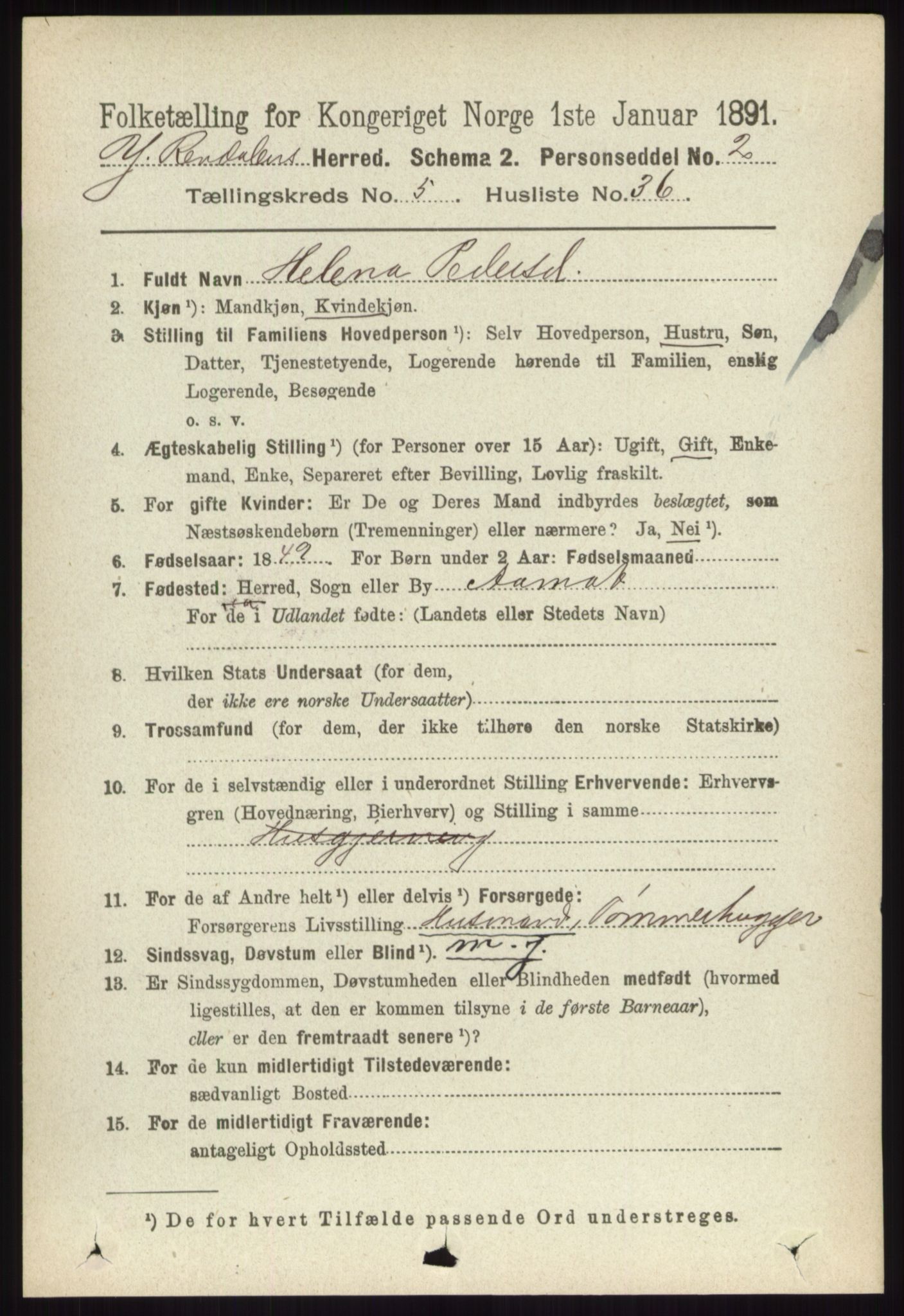 RA, 1891 census for 0432 Ytre Rendal, 1891, p. 1499