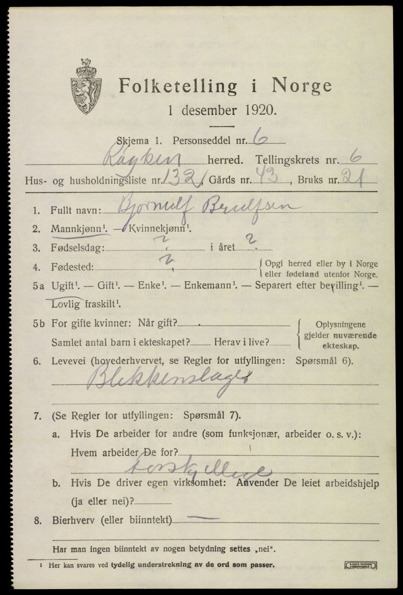 SAKO, 1920 census for Røyken, 1920, p. 11266