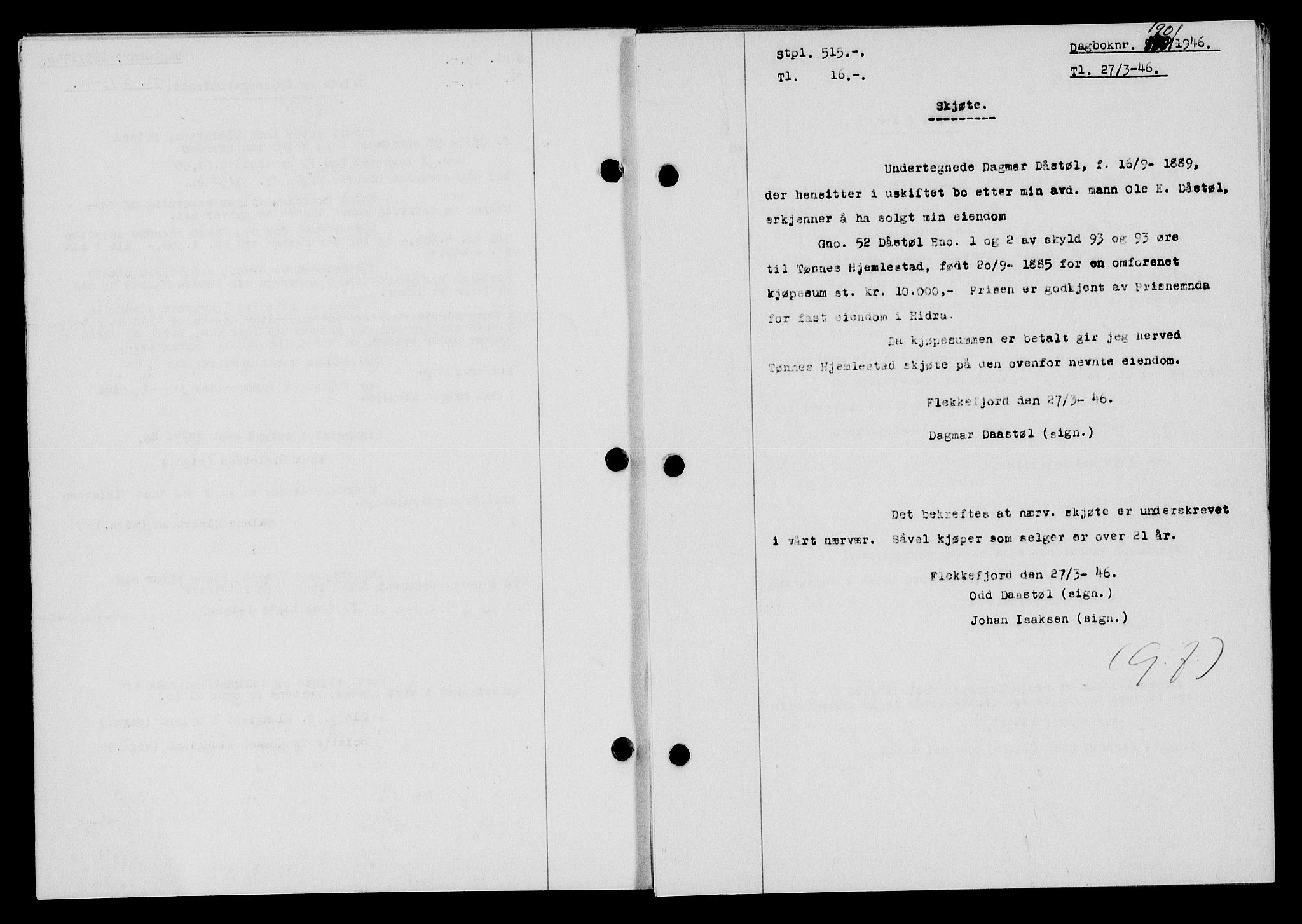 Flekkefjord sorenskriveri, SAK/1221-0001/G/Gb/Gba/L0060: Mortgage book no. A-8, 1945-1946, Diary no: : 190/1946
