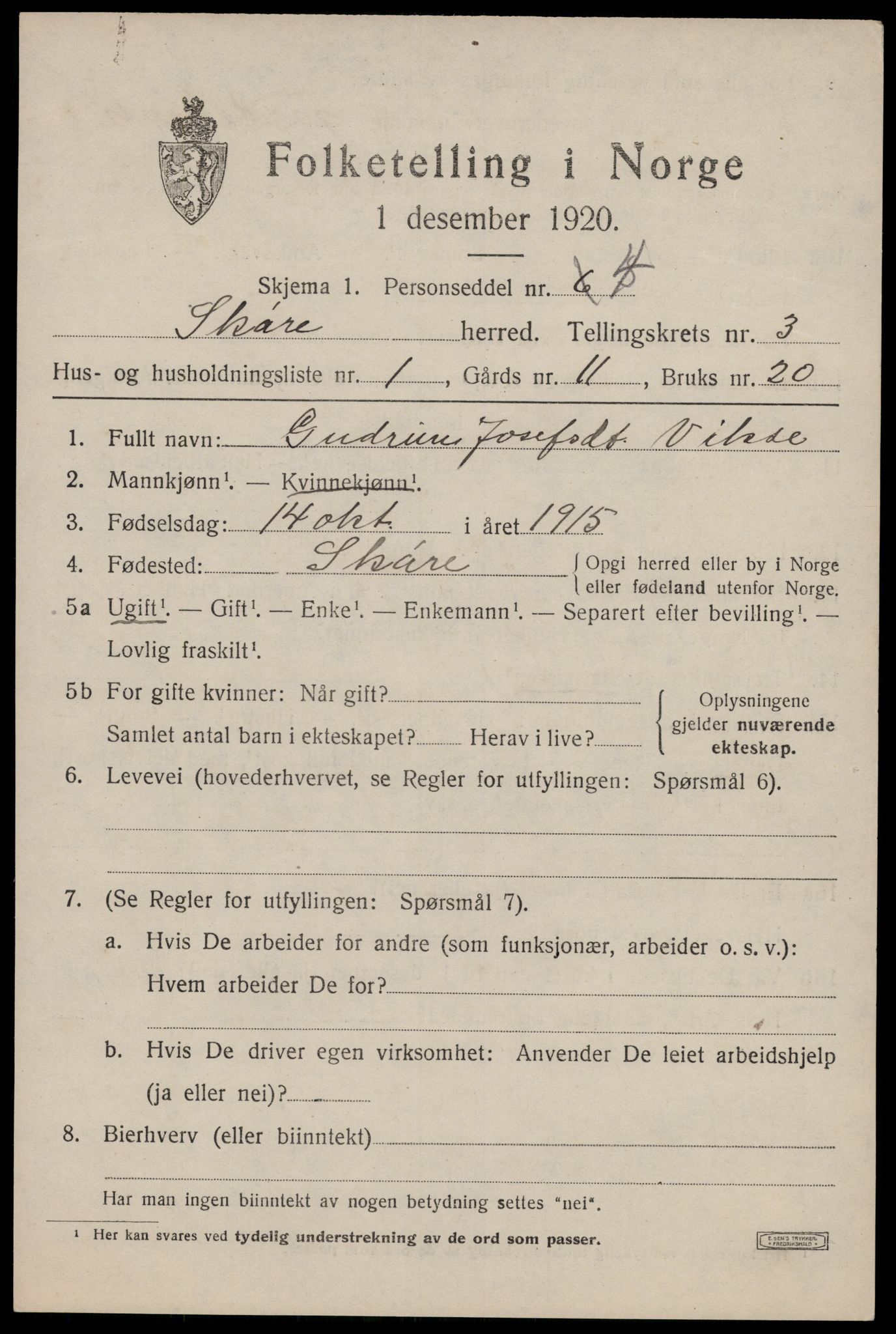 SAST, 1920 census for Skåre, 1920, p. 1630