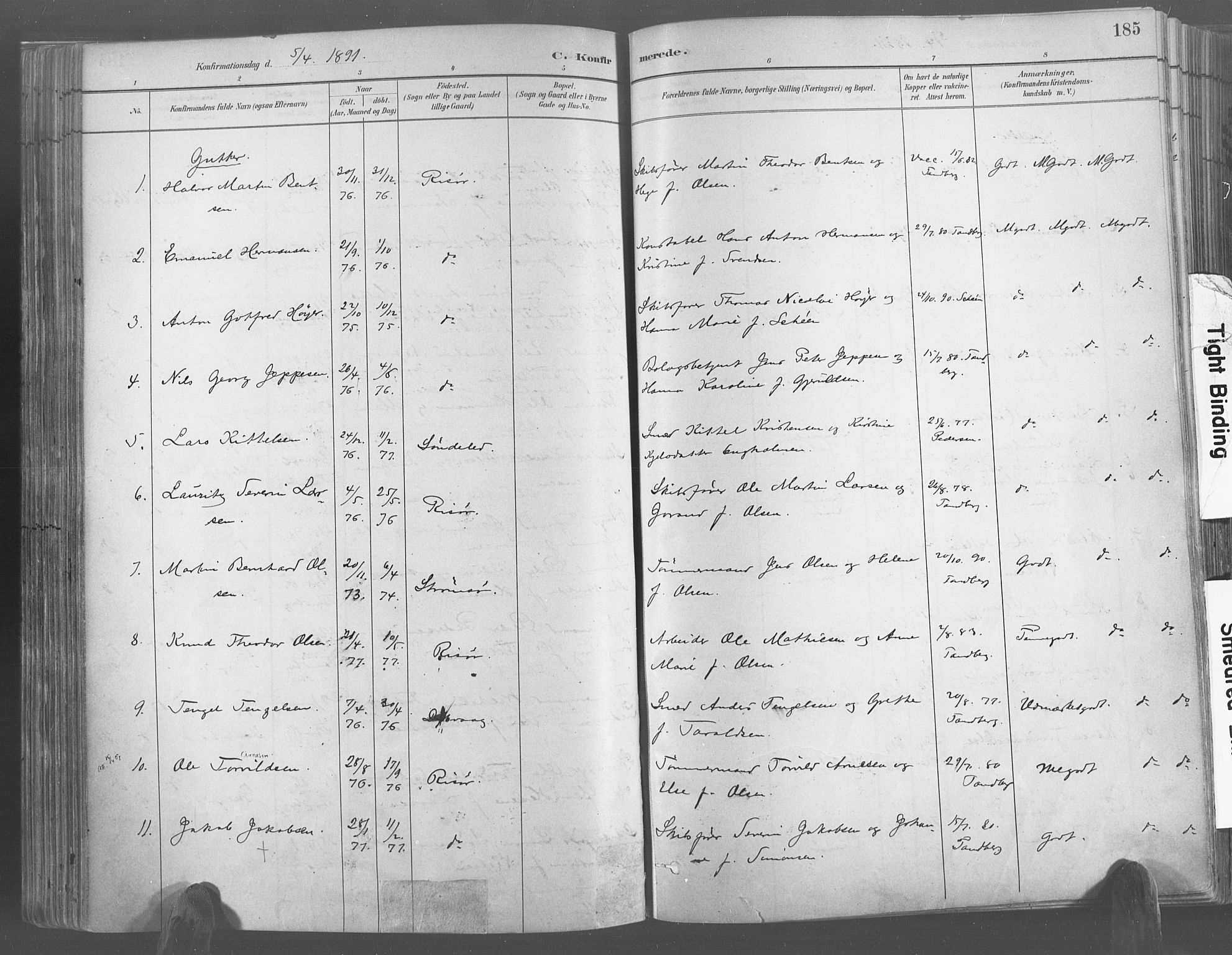 Risør sokneprestkontor, AV/SAK-1111-0035/F/Fa/L0005: Parish register (official) no. A 5, 1883-1895, p. 185