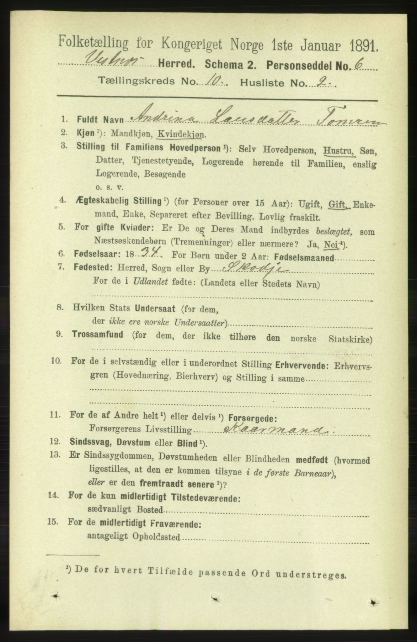 RA, 1891 census for 1535 Vestnes, 1891, p. 3693