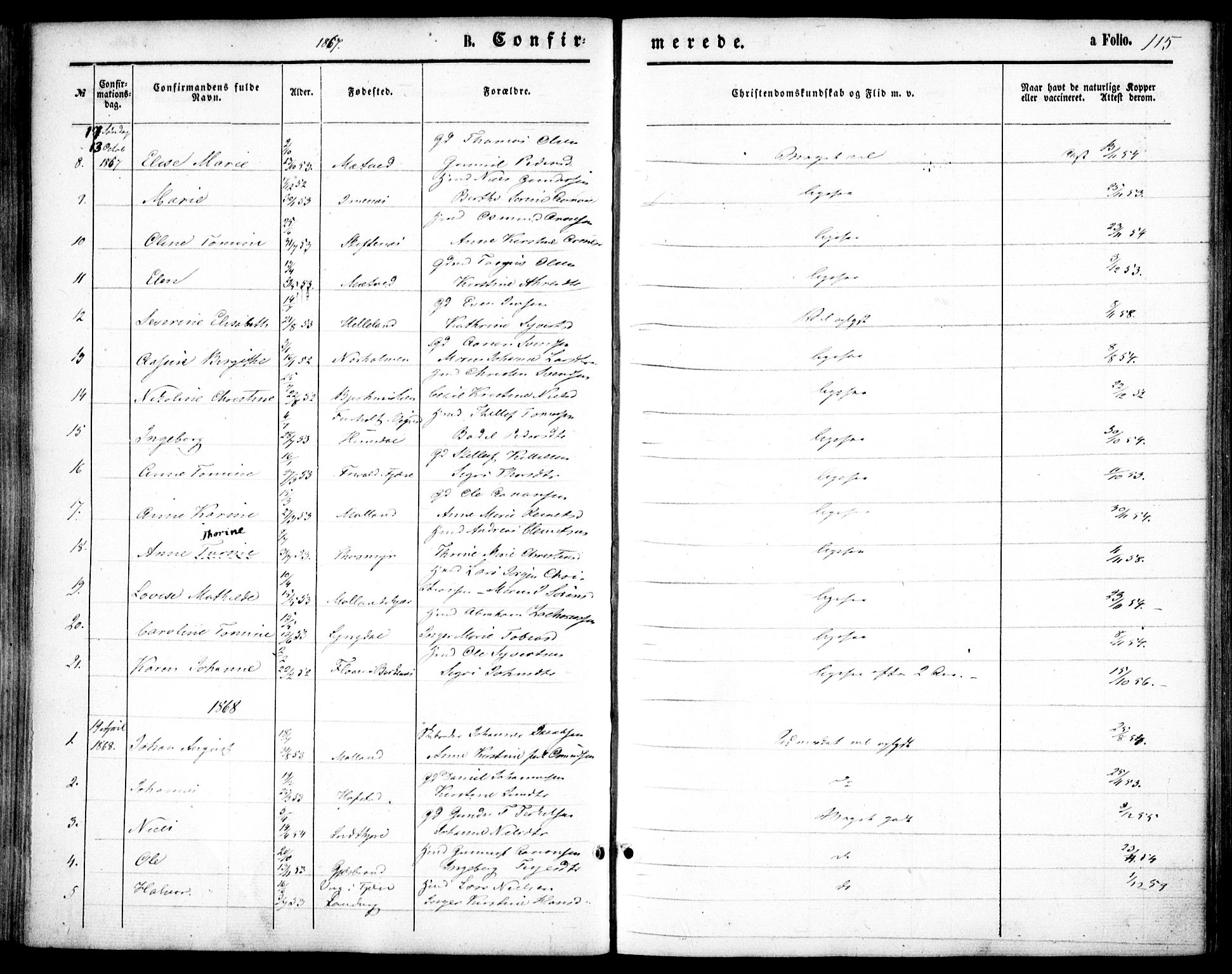 Hommedal sokneprestkontor, AV/SAK-1111-0023/F/Fa/Fab/L0005: Parish register (official) no. A 5, 1861-1877, p. 115