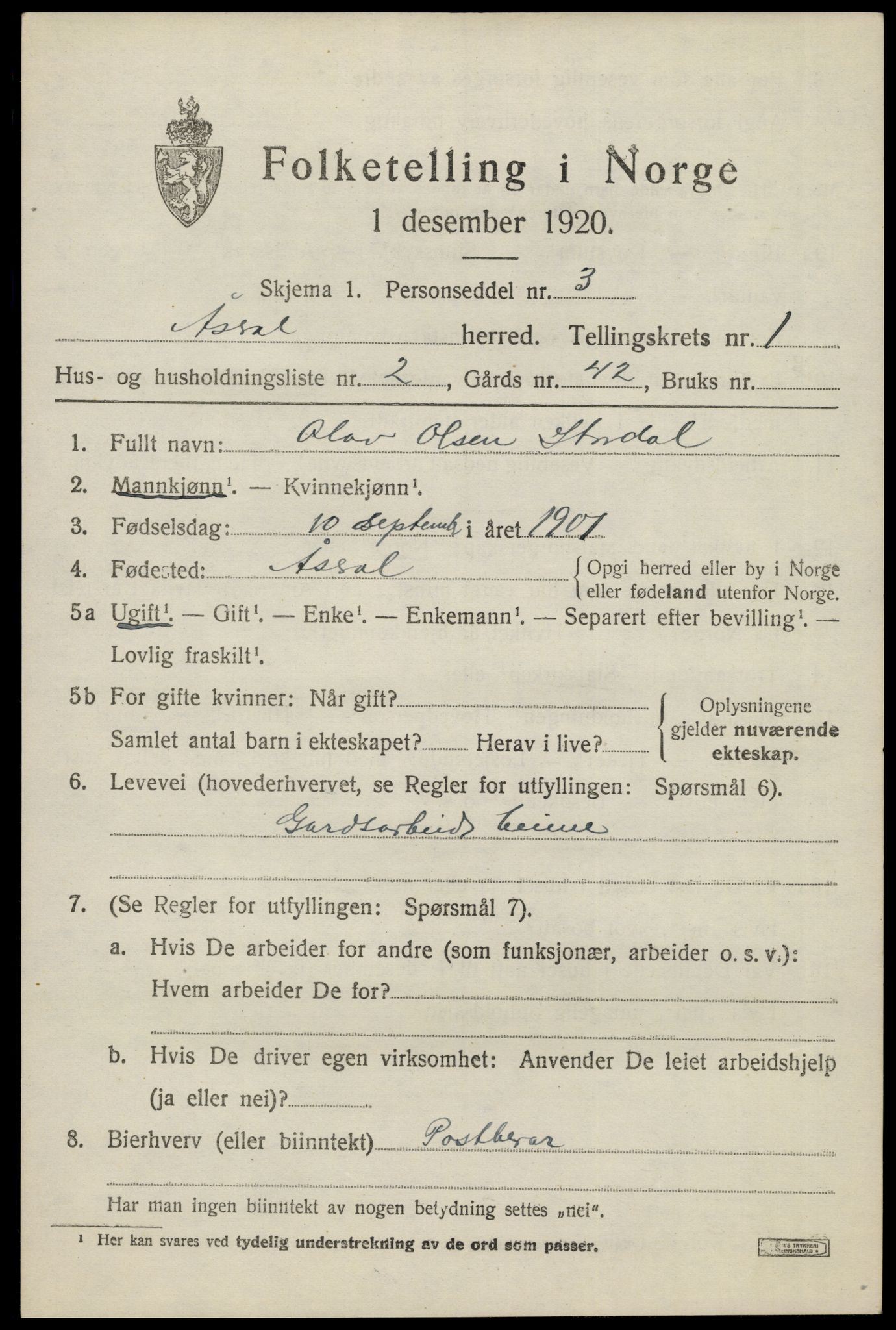 SAK, 1920 census for Åseral, 1920, p. 534