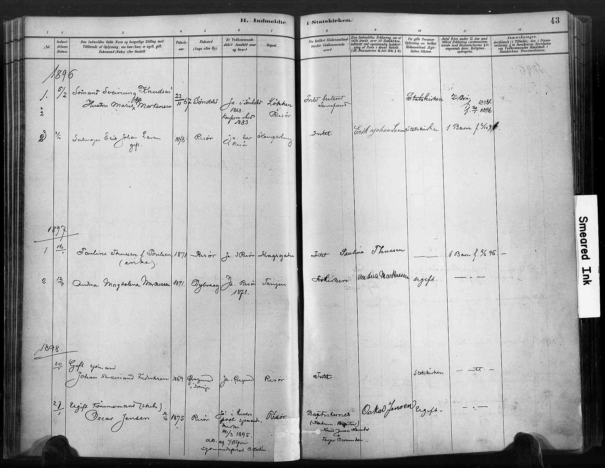Risør sokneprestkontor, SAK/1111-0035/F/Fa/L0006: Parish register (official) no. A 6, 1883-1908, p. 43