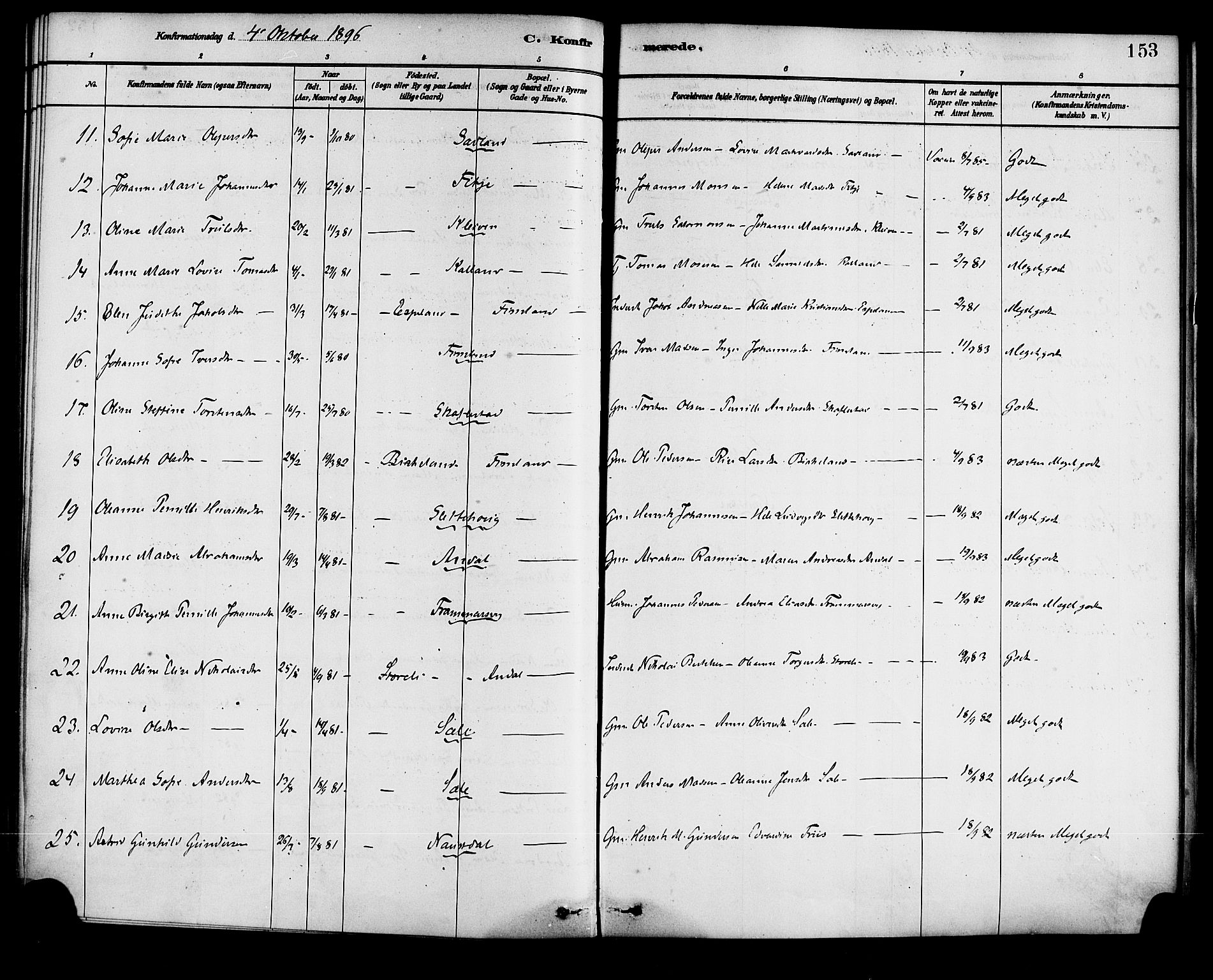 Førde sokneprestembete, AV/SAB-A-79901/H/Haa/Haad/L0001: Parish register (official) no. D 1, 1881-1898, p. 153