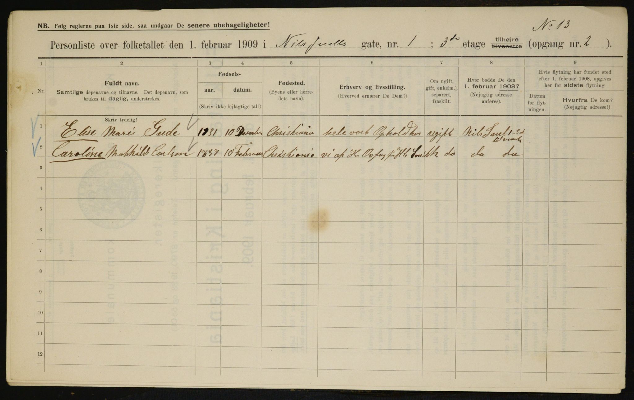 OBA, Municipal Census 1909 for Kristiania, 1909, p. 63438