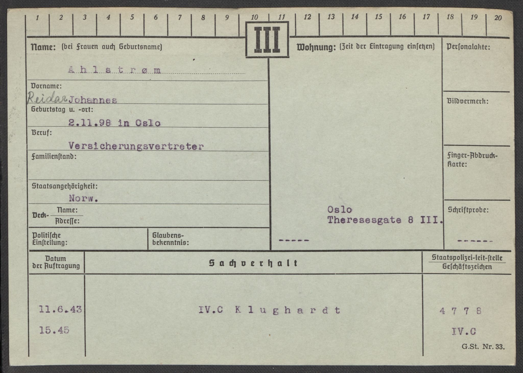 Befehlshaber der Sicherheitspolizei und des SD, RA/RAFA-5969/E/Ea/Eaa/L0001: Register over norske fanger i Møllergata 19: A-Bj, 1940-1945, p. 42