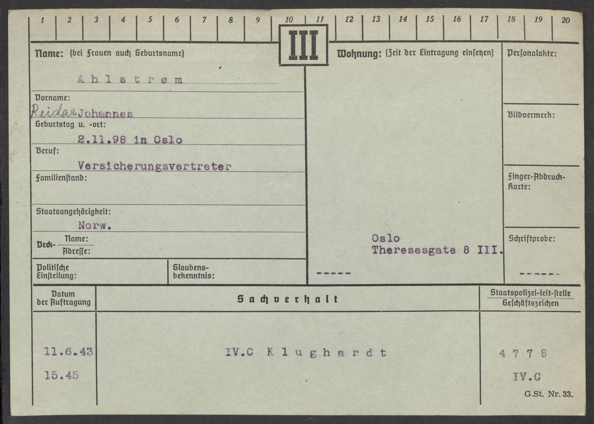 Befehlshaber der Sicherheitspolizei und des SD, AV/RA-RAFA-5969/E/Ea/Eaa/L0001: Register over norske fanger i Møllergata 19: A-Bj, 1940-1945, p. 42