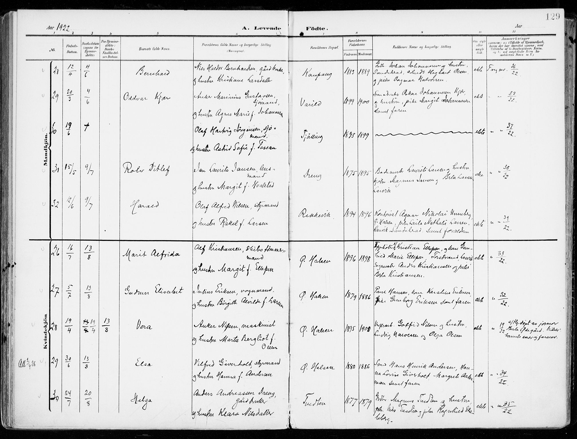 Tjølling kirkebøker, AV/SAKO-A-60/F/Fa/L0010: Parish register (official) no. 10, 1906-1923, p. 129