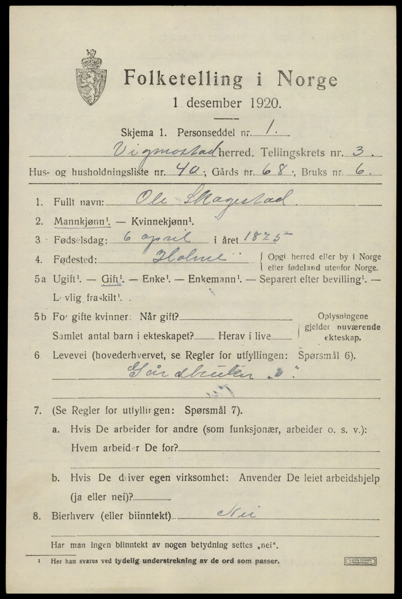 SAK, 1920 census for Vigmostad, 1920, p. 1153