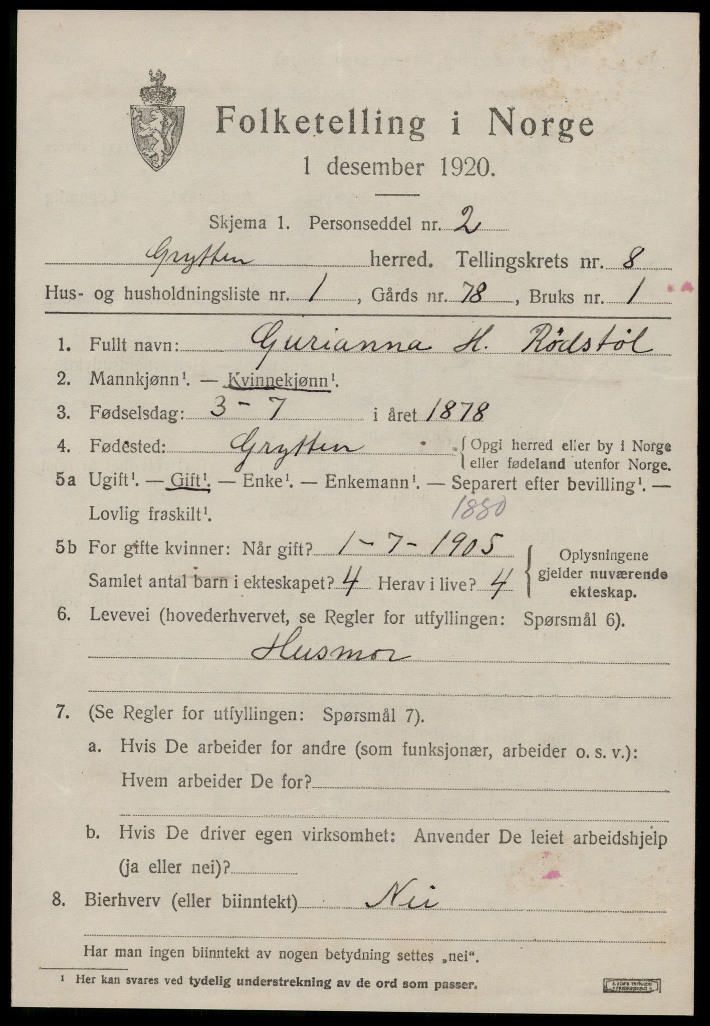 SAT, 1920 census for Grytten, 1920, p. 5894