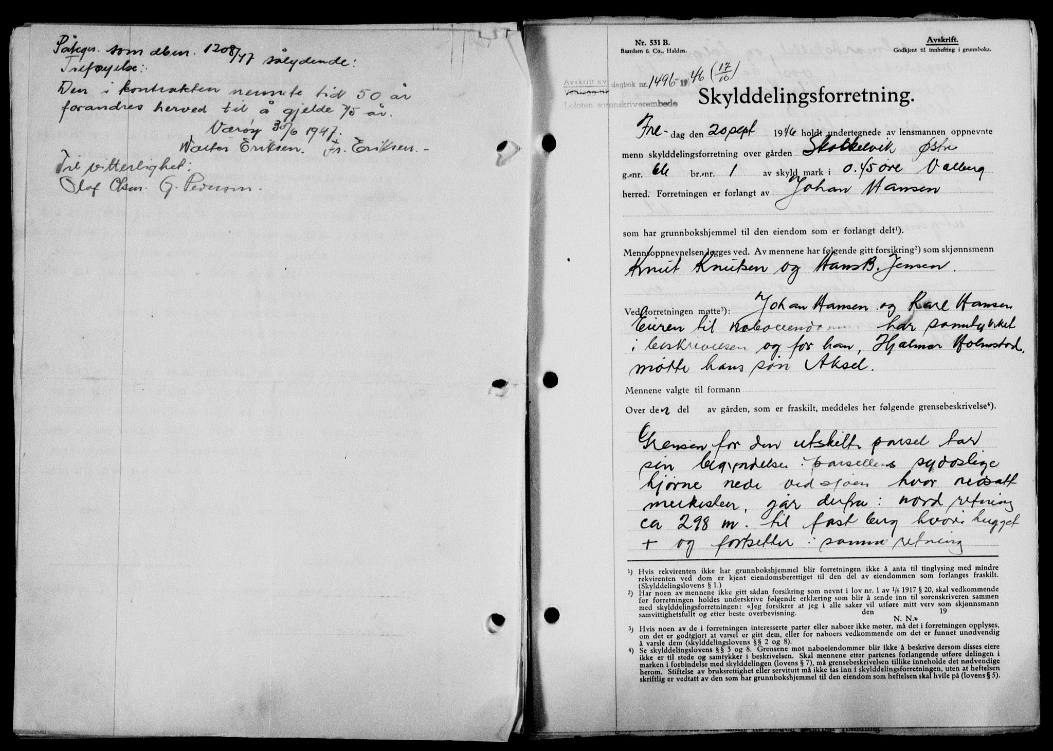 Lofoten sorenskriveri, SAT/A-0017/1/2/2C/L0014a: Mortgage book no. 14a, 1946-1946, Diary no: : 1496/1946