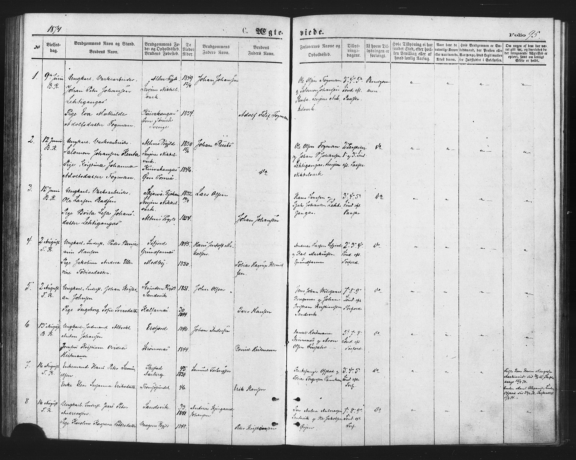 Berg sokneprestkontor, SATØ/S-1318/G/Ga/Gaa/L0003kirke: Parish register (official) no. 3, 1872-1879, p. 95
