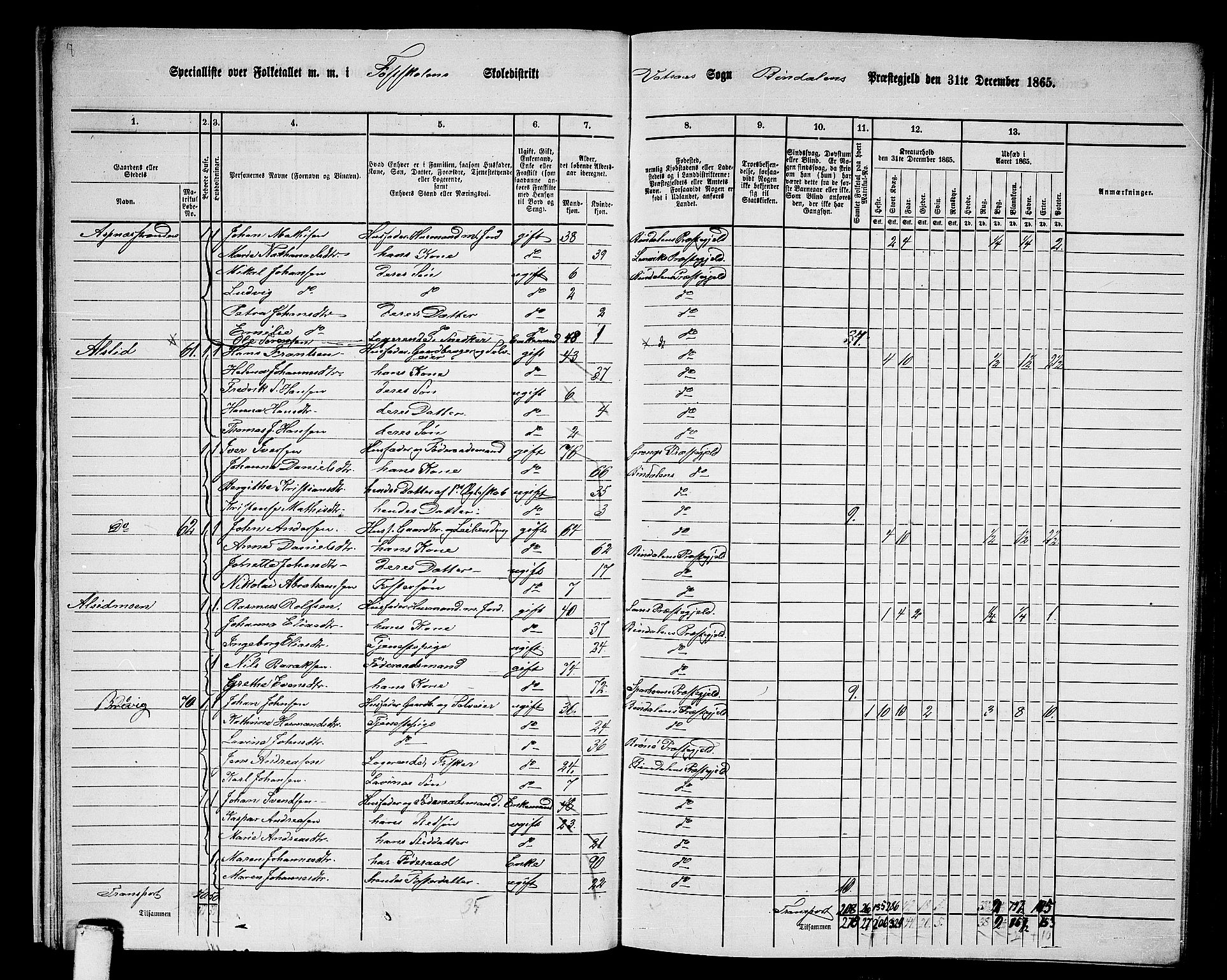 RA, 1865 census for Bindal, 1865, p. 17