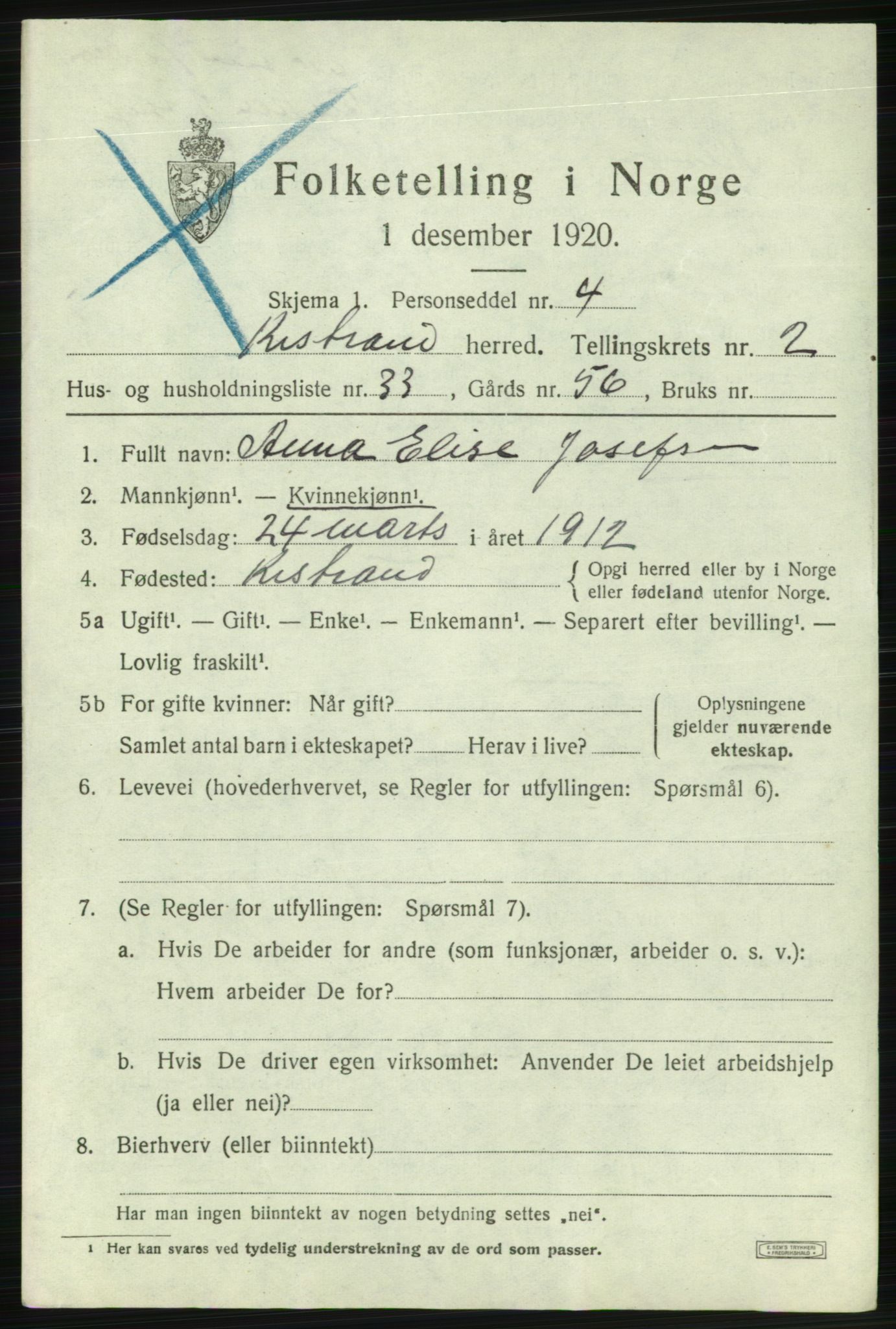 SATØ, 1920 census for Kistrand, 1920, p. 1836