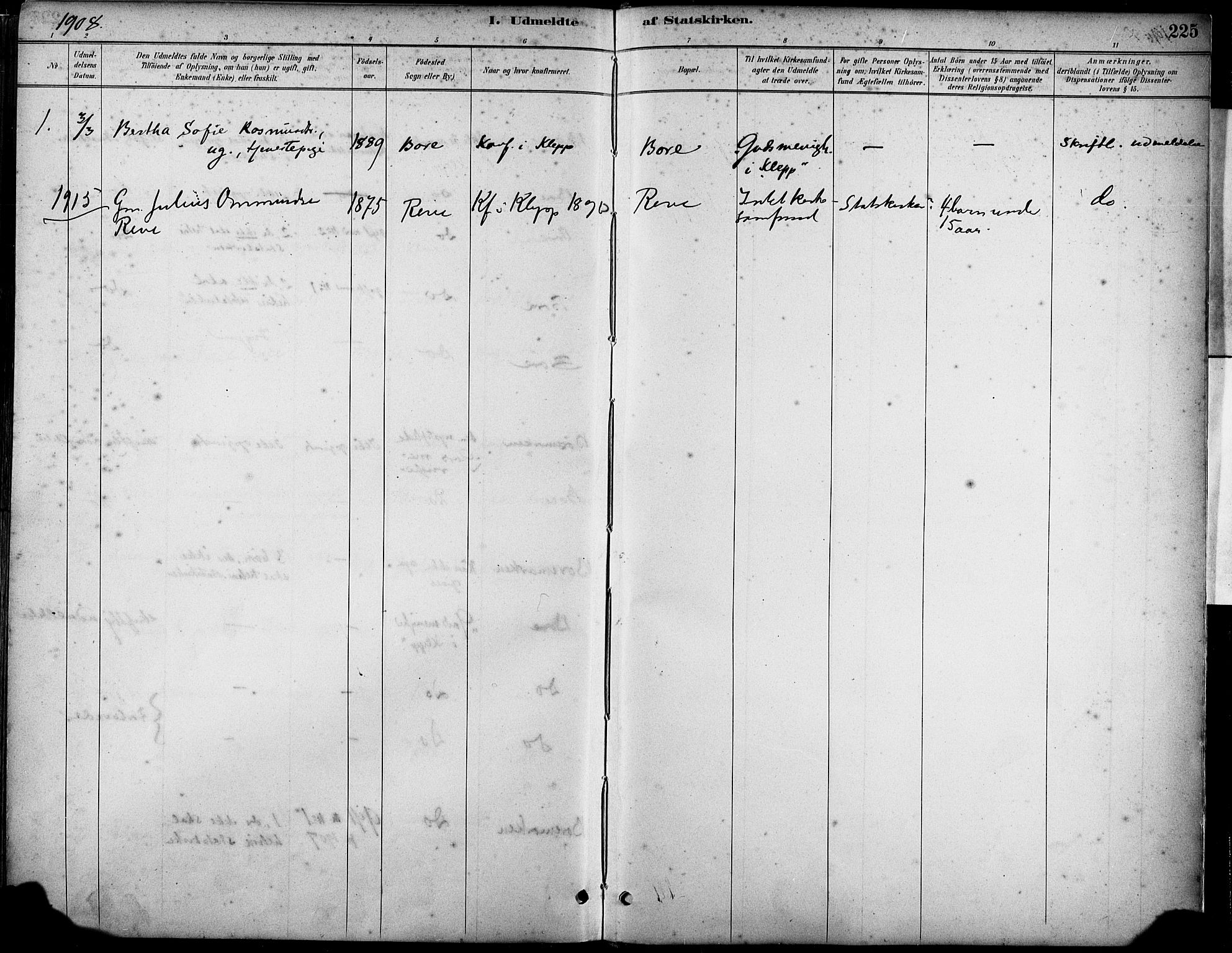 Klepp sokneprestkontor, SAST/A-101803/001/3/30BA/L0008: Parish register (official) no. A 9, 1886-1919, p. 225