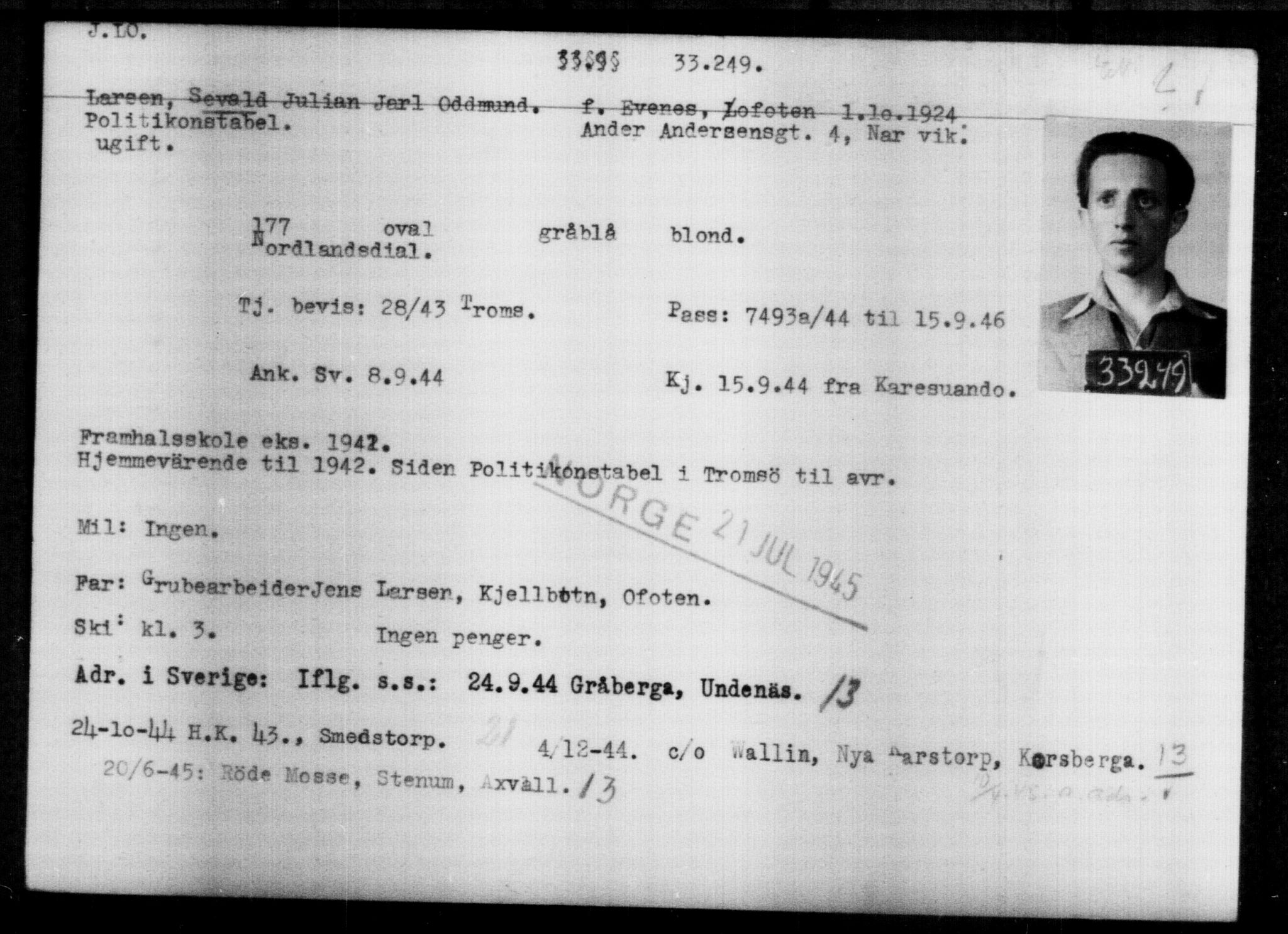 Utenriksstasjonene, Legasjonen i Stockholm, Flyktningkontoret, AV/RA-S-6753/V/Va/L0013: Kjesäterkartoteket, flyktninger med registreringsnr. 31500-34731, 1940-1945, p. 1836