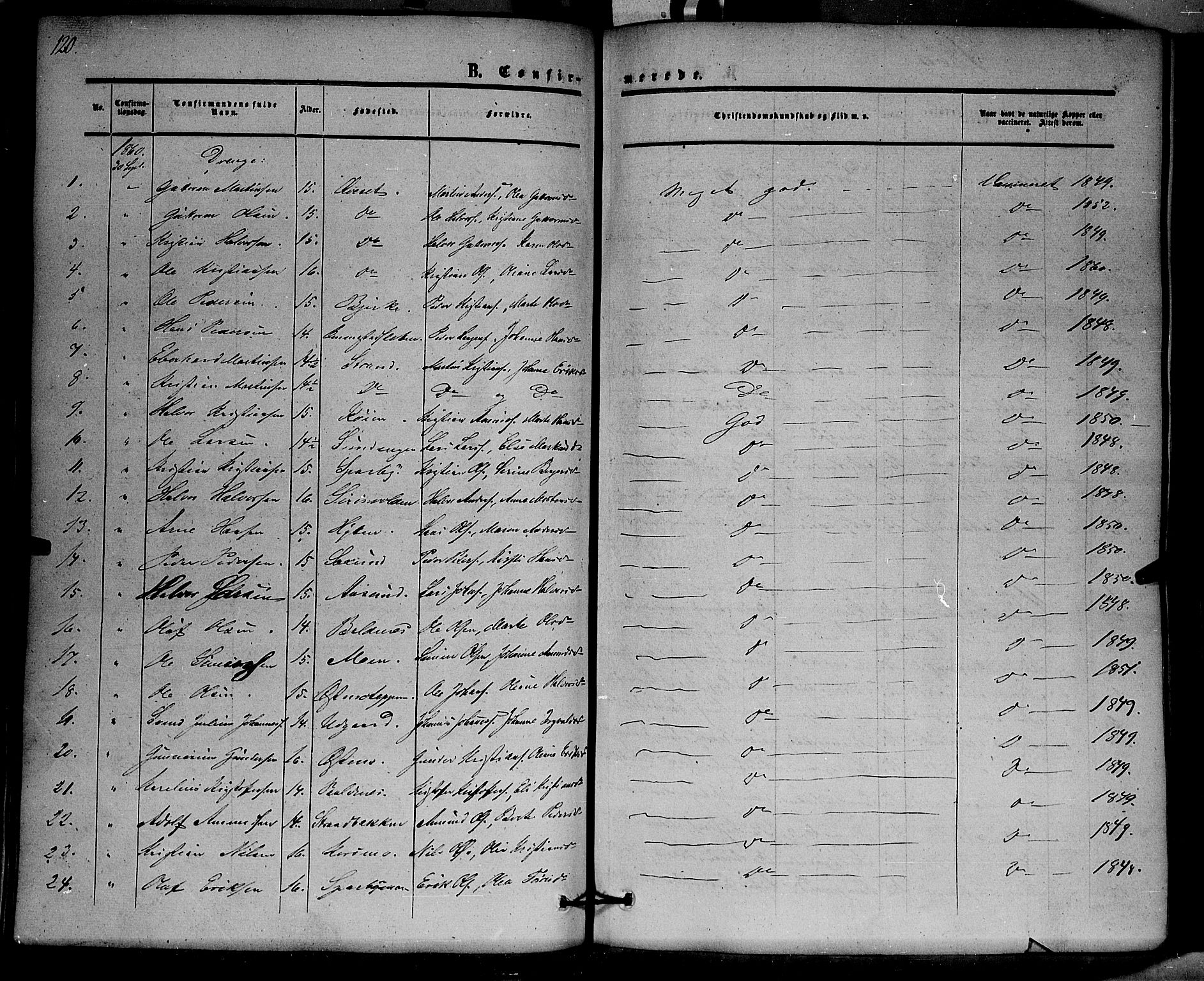 Hof prestekontor, SAH/PREST-038/H/Ha/Haa/L0008: Parish register (official) no. 8, 1849-1861, p. 120