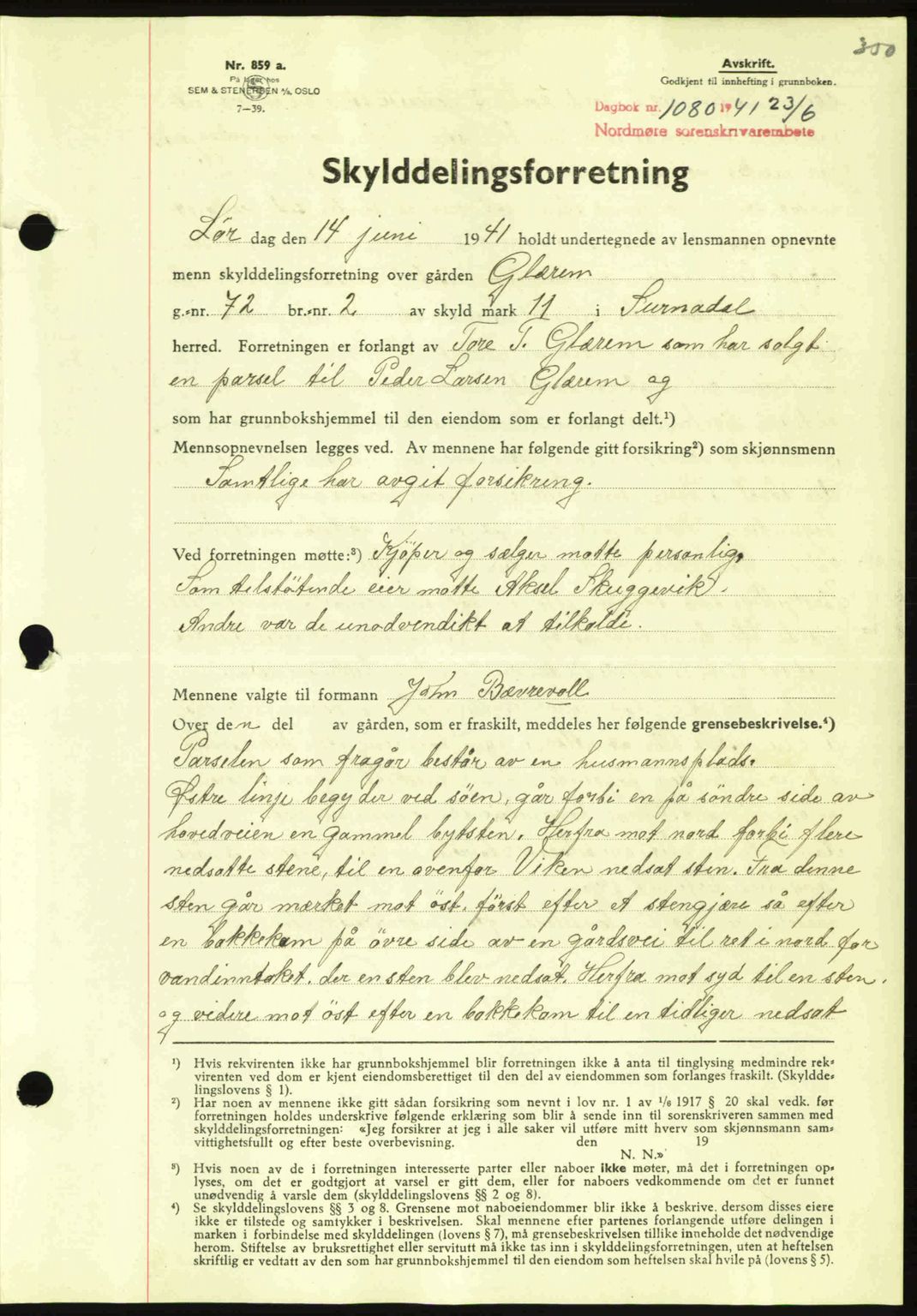 Nordmøre sorenskriveri, SAT/A-4132/1/2/2Ca: Mortgage book no. A90, 1941-1941, Diary no: : 1080/1941
