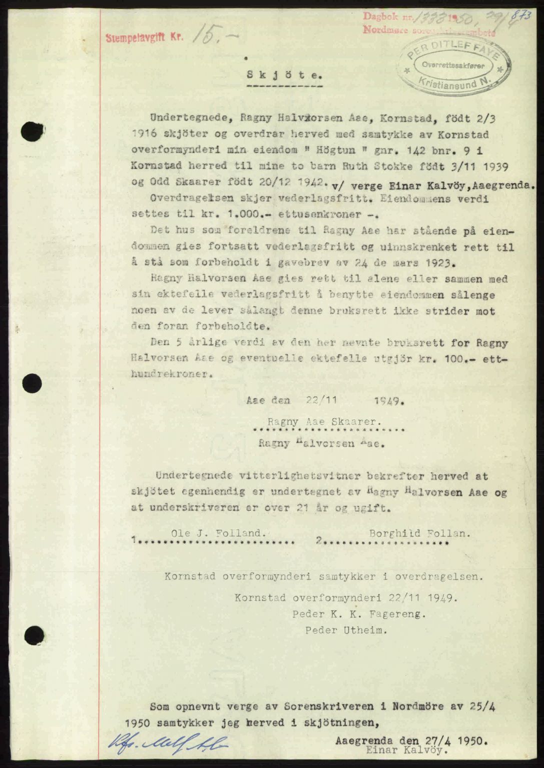 Nordmøre sorenskriveri, AV/SAT-A-4132/1/2/2Ca: Mortgage book no. A114, 1950-1950, Diary no: : 1333/1950