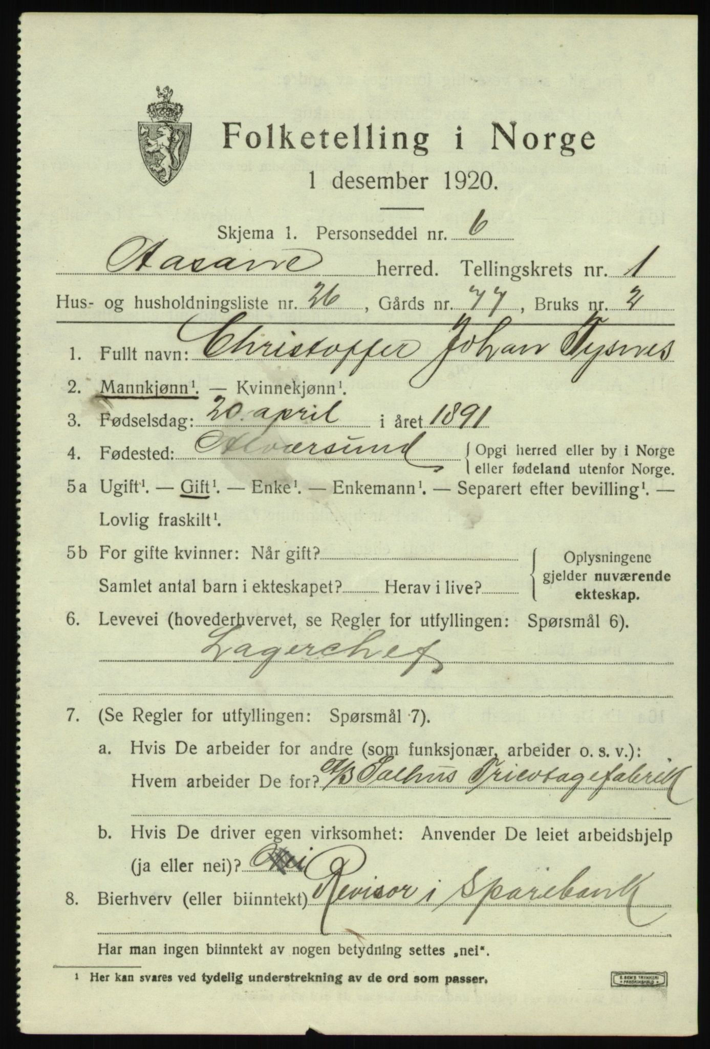 SAB, 1920 census for Åsane, 1920, p. 1219