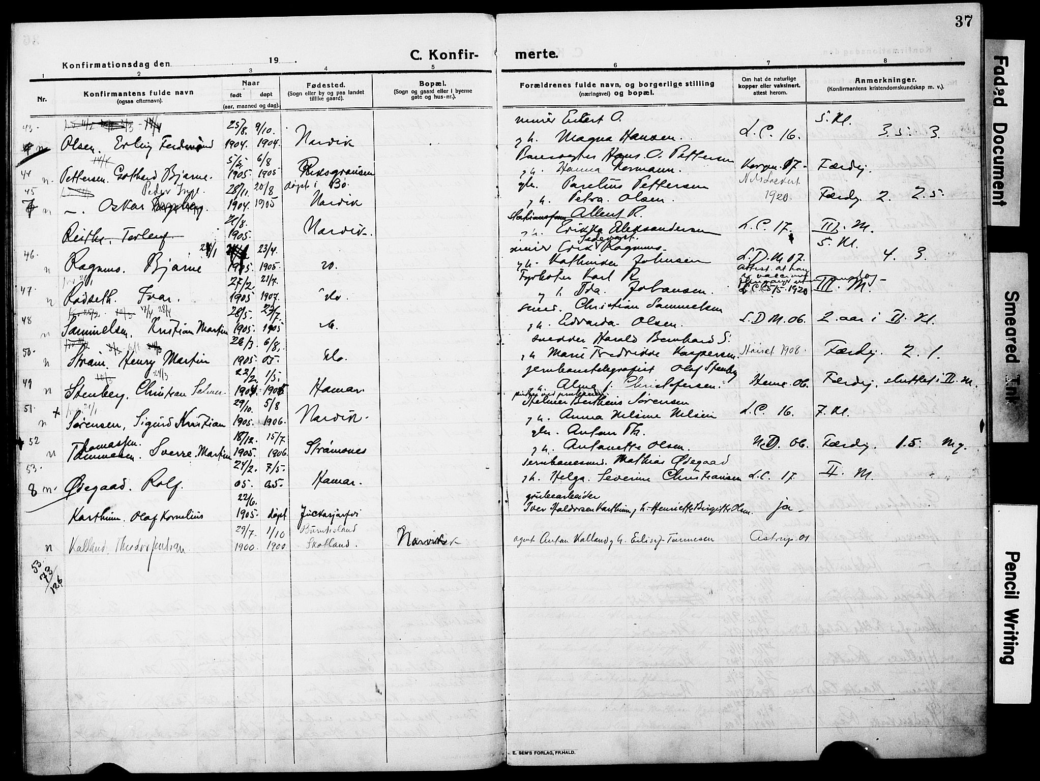 Ministerialprotokoller, klokkerbøker og fødselsregistre - Nordland, AV/SAT-A-1459/871/L0989: Parish register (official) no. 871A05, 1915-1922, p. 37