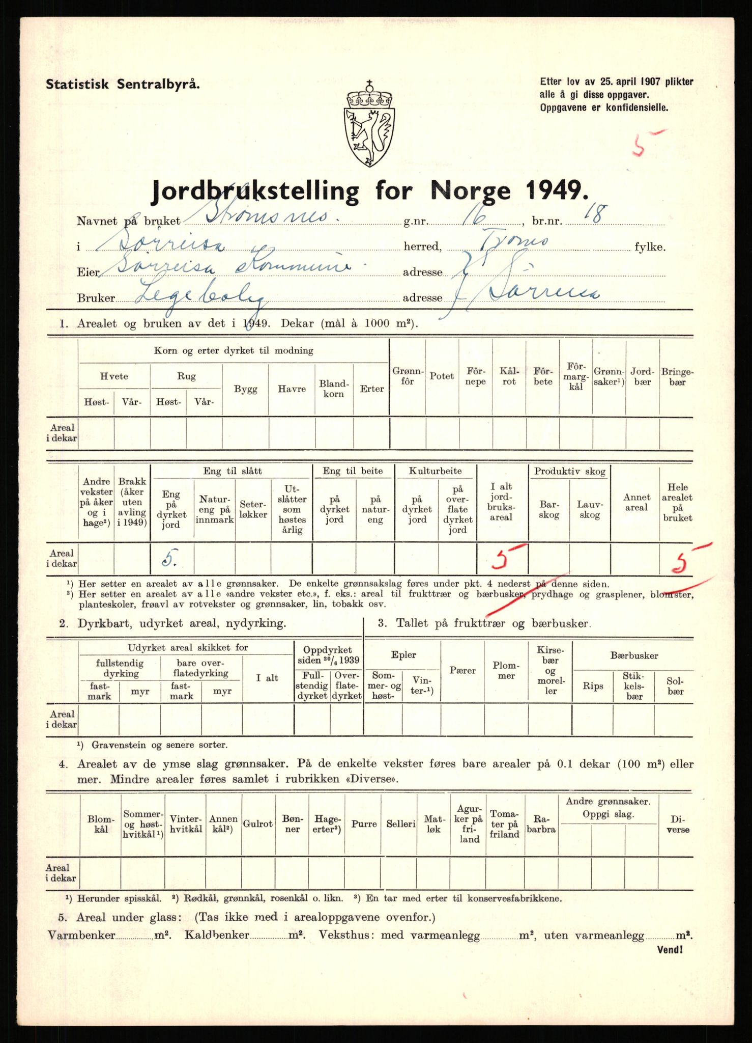 Statistisk sentralbyrå, Næringsøkonomiske emner, Jordbruk, skogbruk, jakt, fiske og fangst, AV/RA-S-2234/G/Gc/L0440: Troms: Sørreisa og Dyrøy, 1949, p. 57