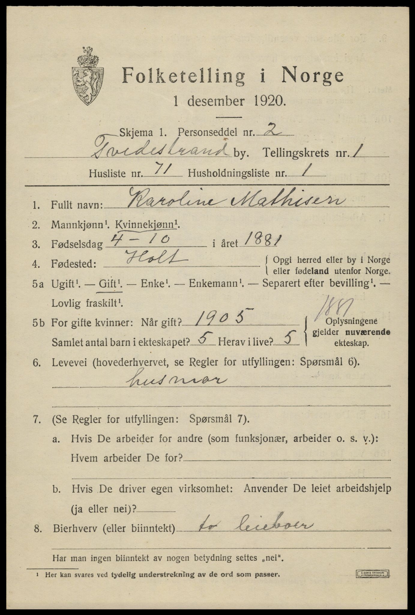 SAK, 1920 census for Tvedestrand, 1920, p. 2117