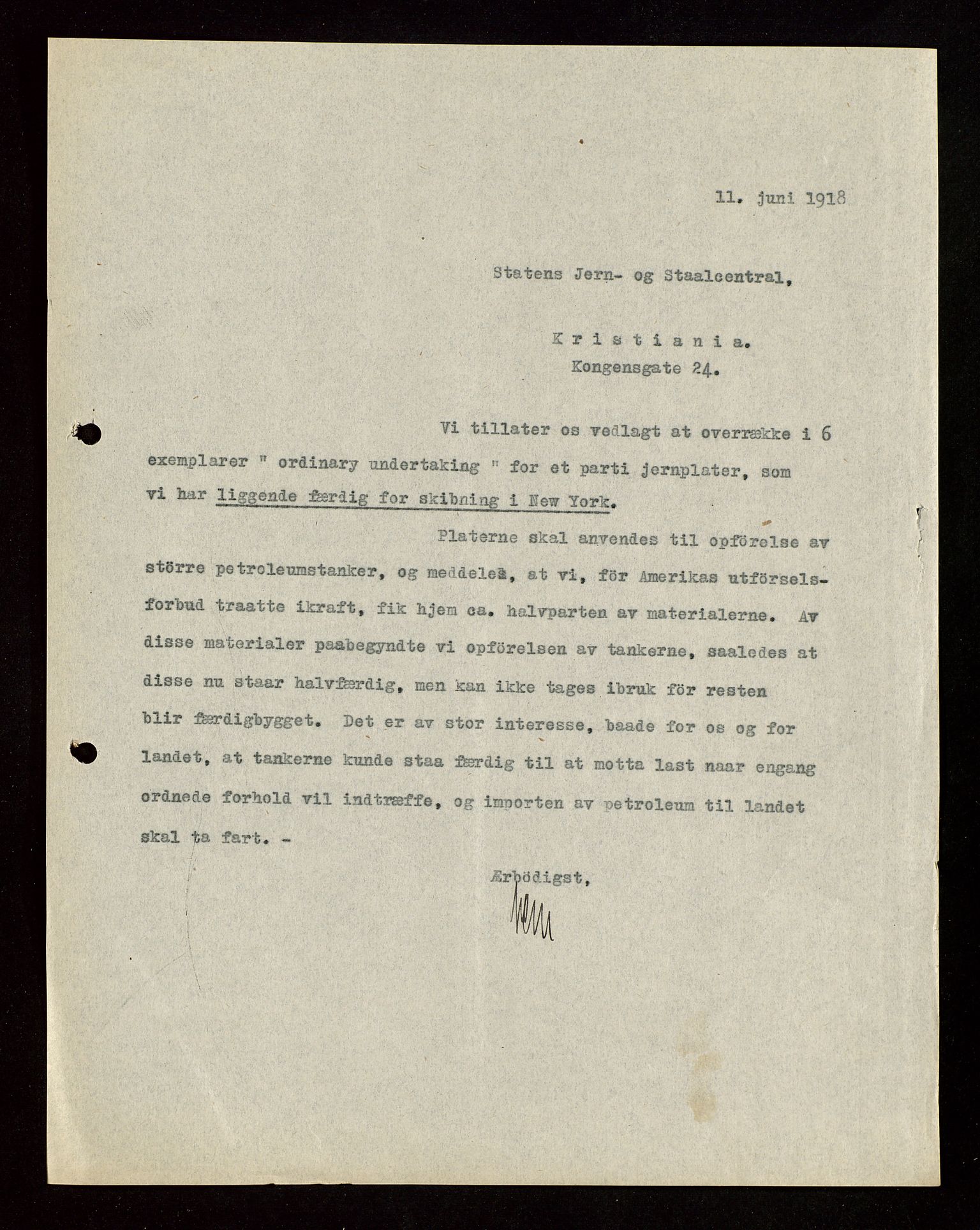 Pa 1521 - A/S Norske Shell, AV/SAST-A-101915/E/Ea/Eaa/L0003: Sjefskorrespondanse, 1918, p. 259