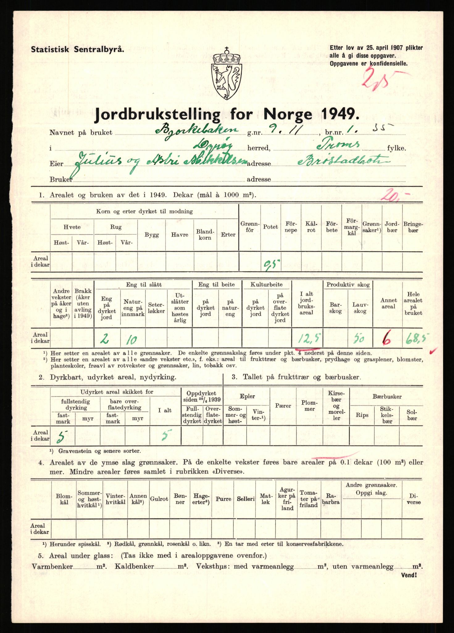 Statistisk sentralbyrå, Næringsøkonomiske emner, Jordbruk, skogbruk, jakt, fiske og fangst, AV/RA-S-2234/G/Gc/L0440: Troms: Sørreisa og Dyrøy, 1949, p. 999