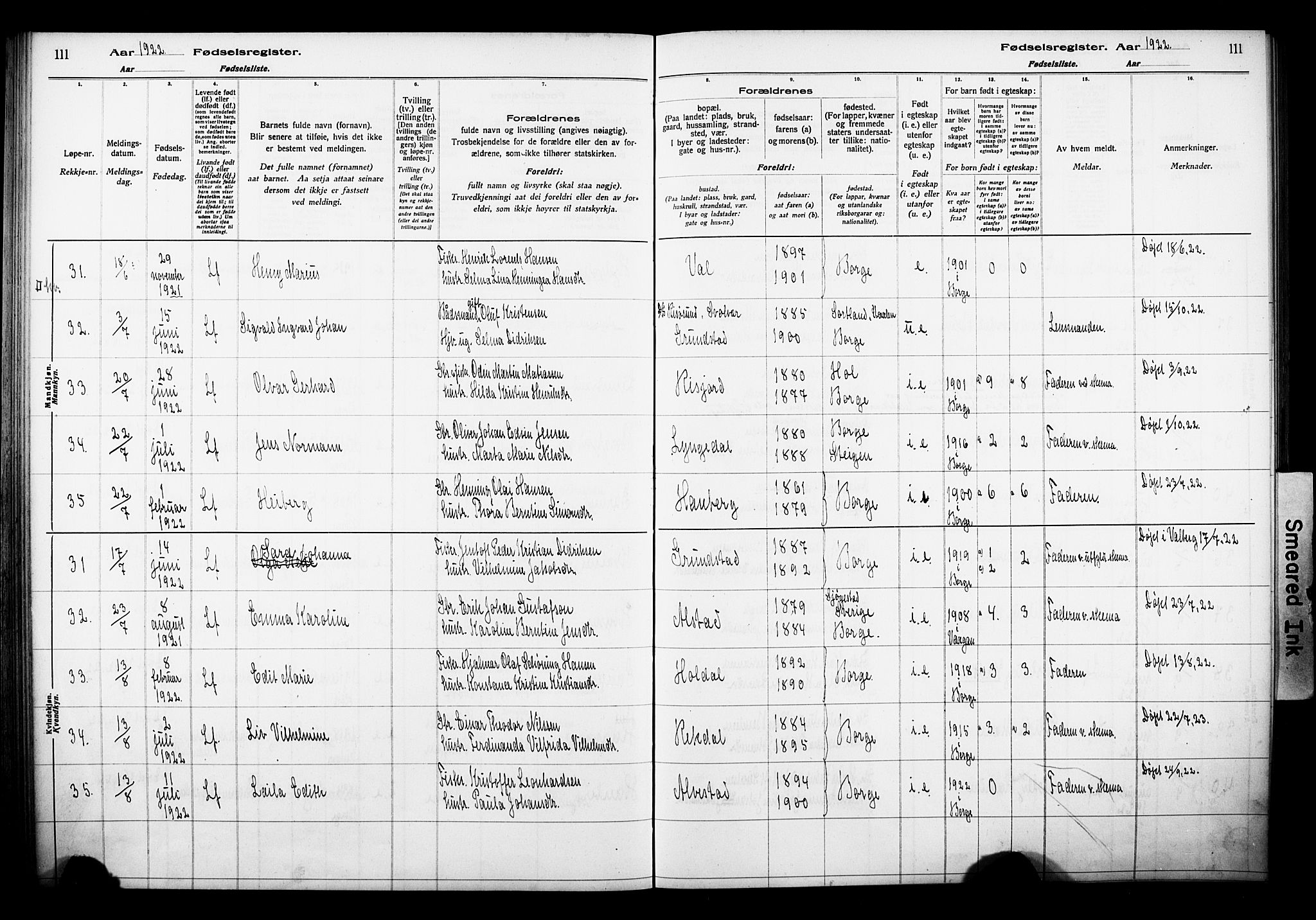 Ministerialprotokoller, klokkerbøker og fødselsregistre - Nordland, AV/SAT-A-1459/880/L1145: Birth register no. 880.II.4.1, 1916-1929, p. 111