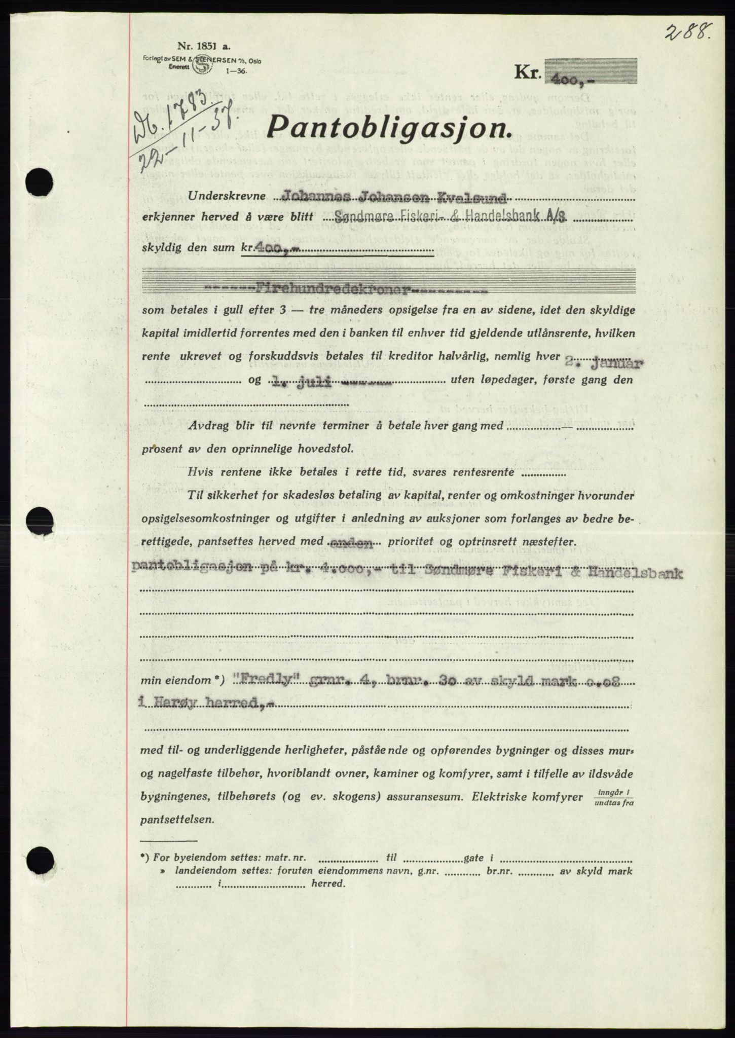 Søre Sunnmøre sorenskriveri, AV/SAT-A-4122/1/2/2C/L0064: Mortgage book no. 58, 1937-1938, Diary no: : 1783/1937